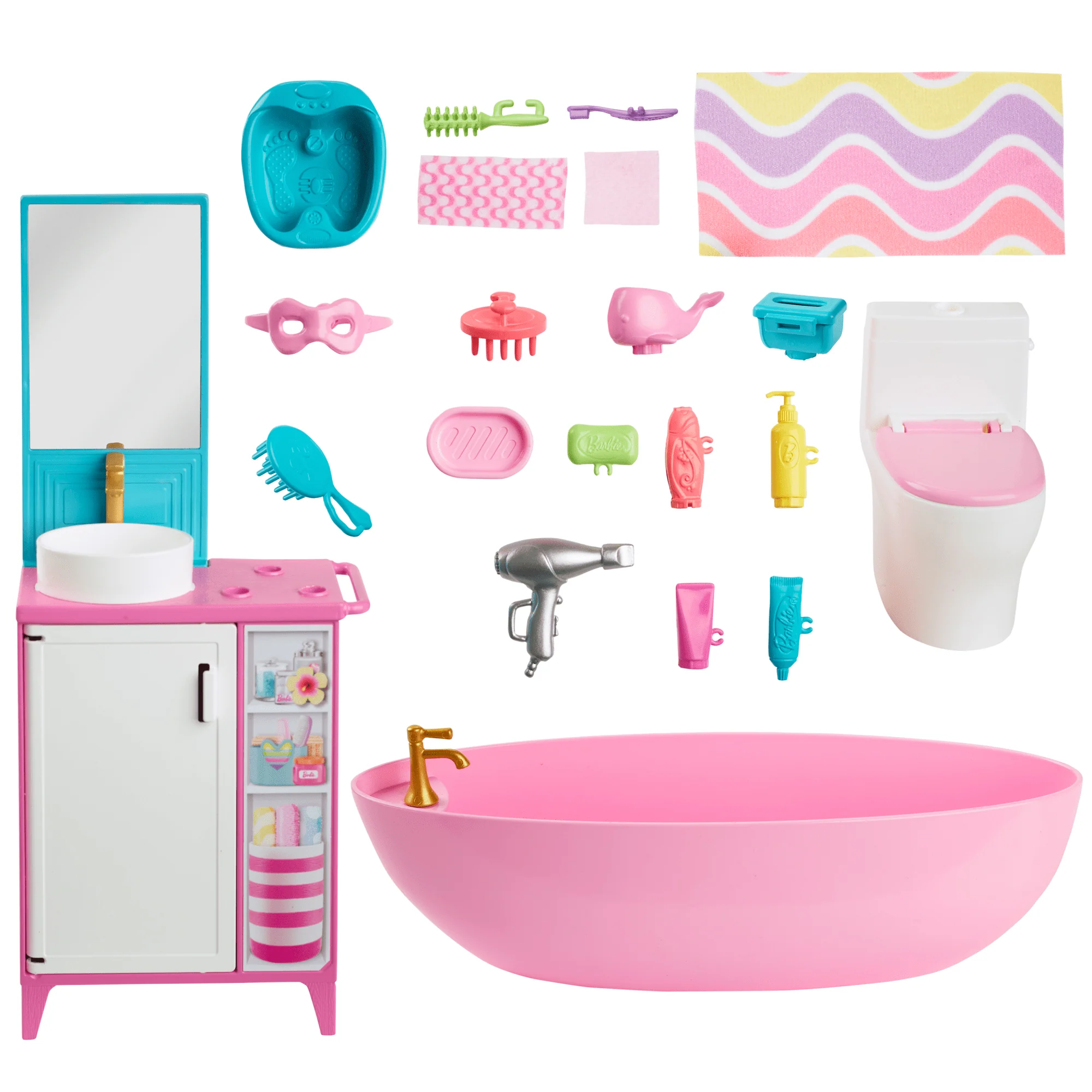Barbie World Bathtime Toy Playset With 19 Dollhouse Accessories including Bathtub, Toilet, & Vanity - Image 5