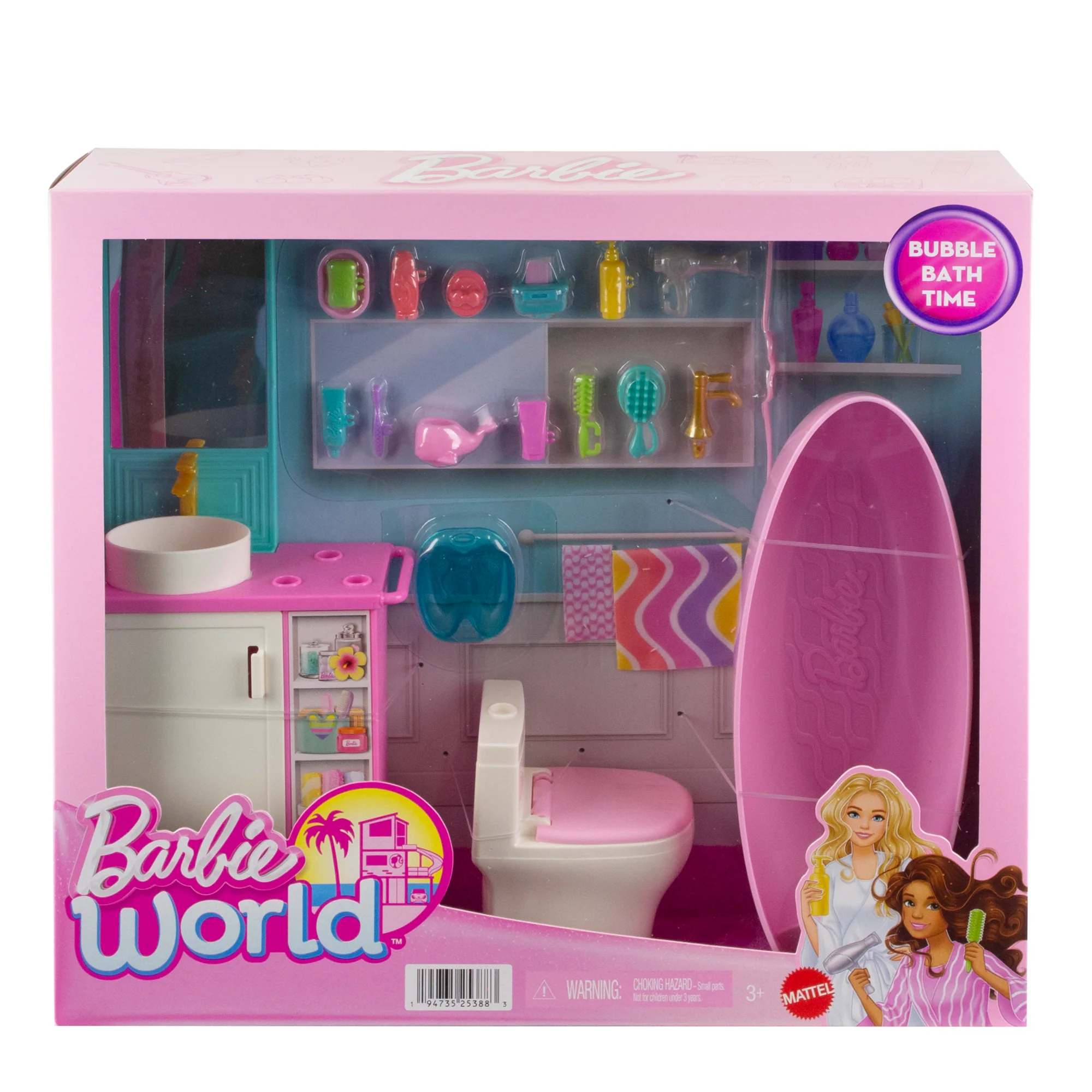 Barbie World Bathtime Toy Playset With 19 Dollhouse Accessories including Bathtub, Toilet, & Vanity - Image 6