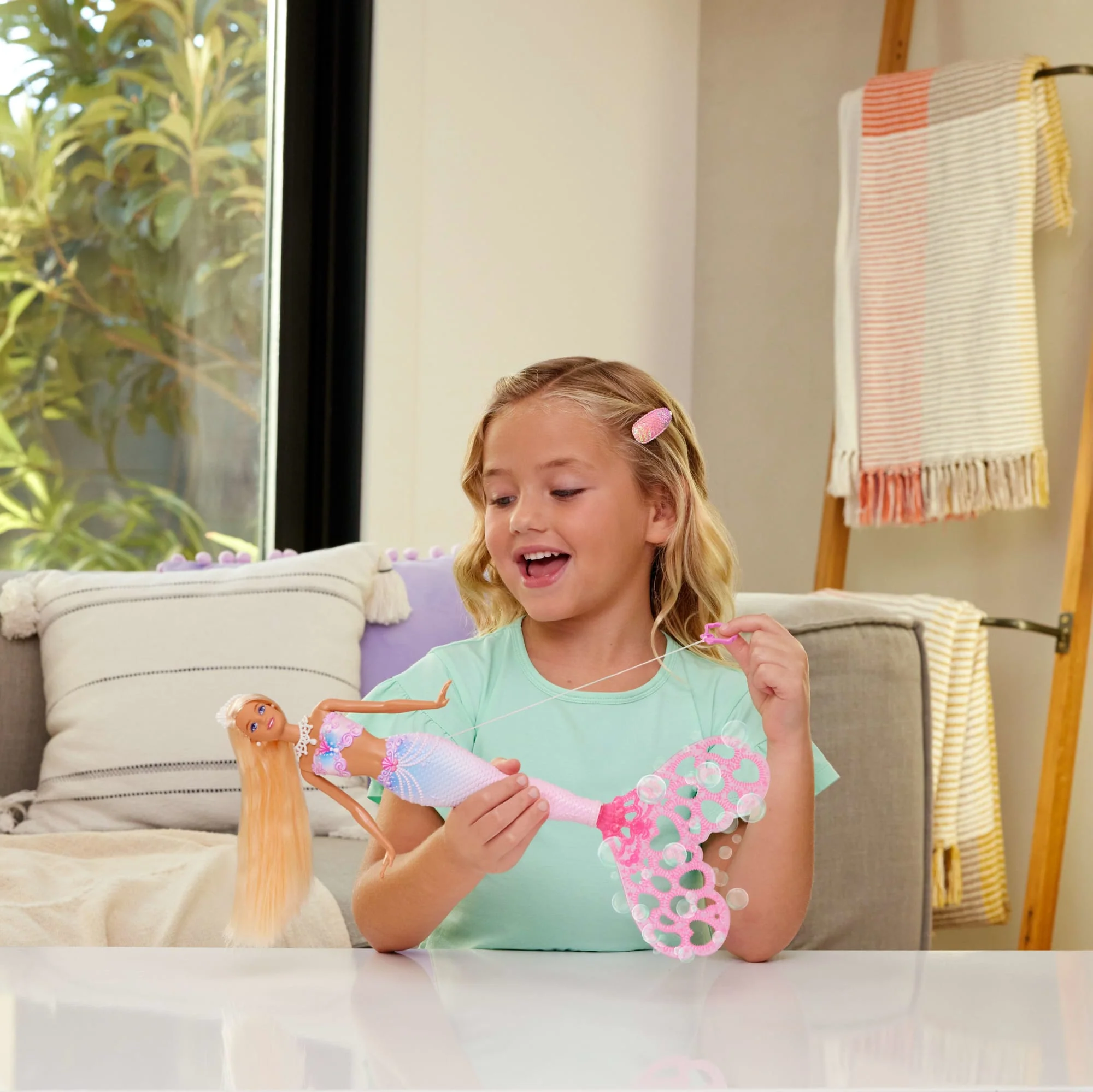 Barbie Bubble Sparkle Mermaid Doll With Bubble-Making Feature, Includes Bubble Solution & Hairbrush - Image 2