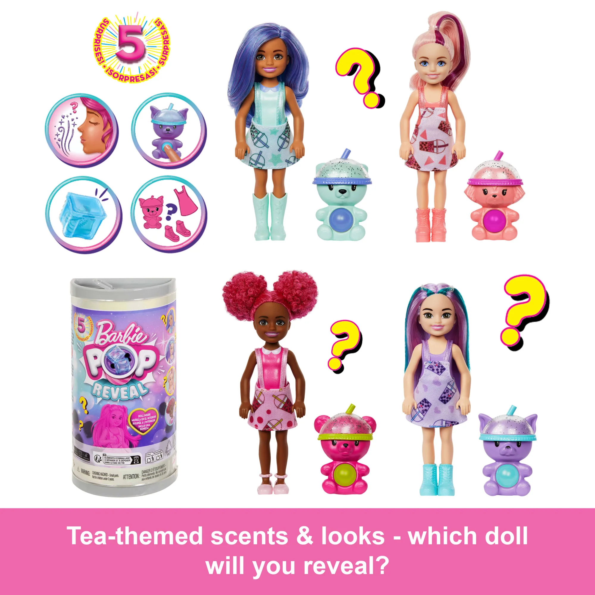 Barbie Chelsea Pop Reveal Bubble Tea Series Doll in Tea Can-inspired Package With 5 Surprises, Scented - Image 3