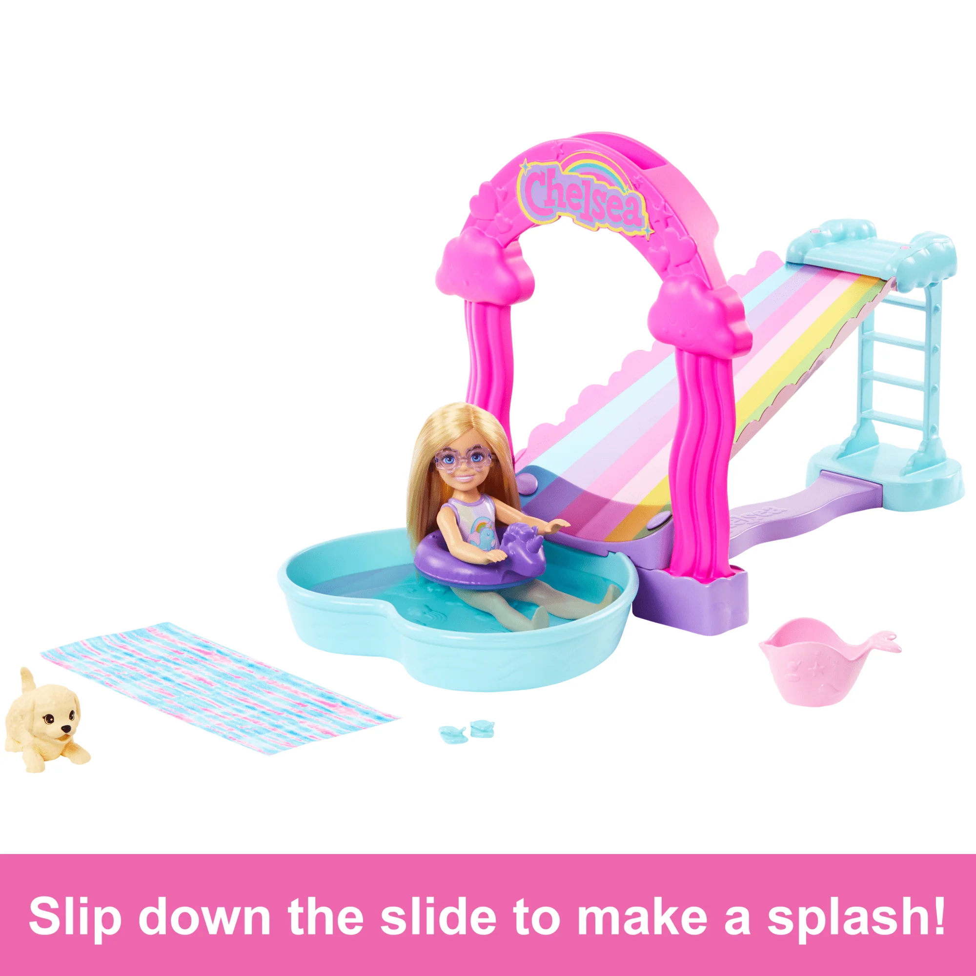 Barbie Chelsea Rainbow “Raining” Water Slide Toy Playset With Doll, Pup, & Accessories - Image 4