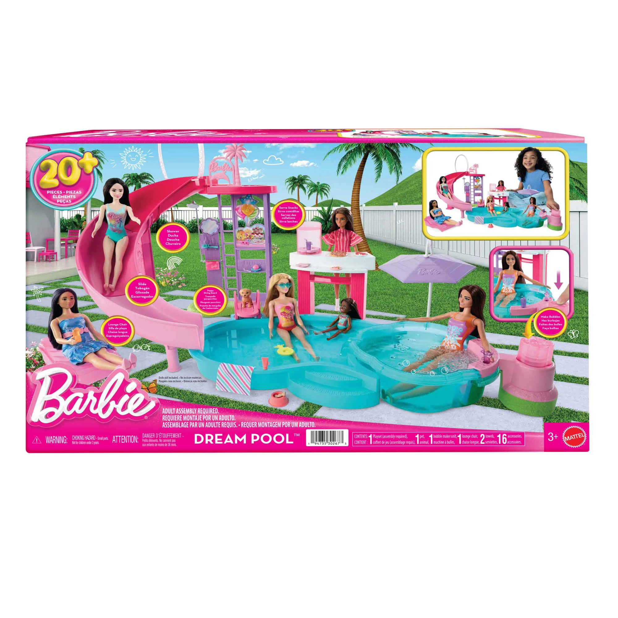 Barbie-Coffret Piscine de Rêve-Toboggan, Jacuzzi, + de 20Accessoires - Image 6