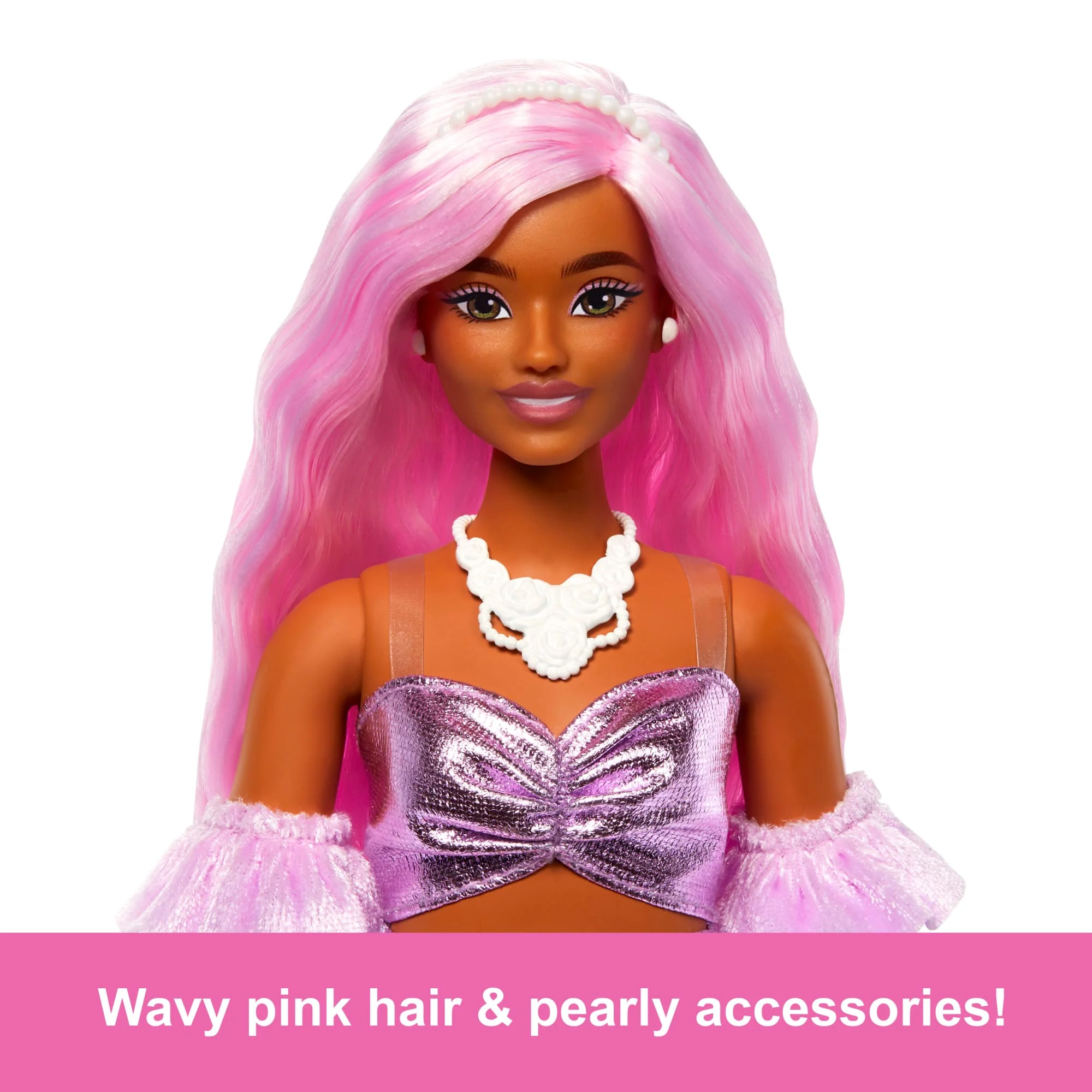 Barbie Deluxe Style Doll #1 in Glossy Pink Barbiecore Dress With Velvet Gloves, Pink Hair - Image 4