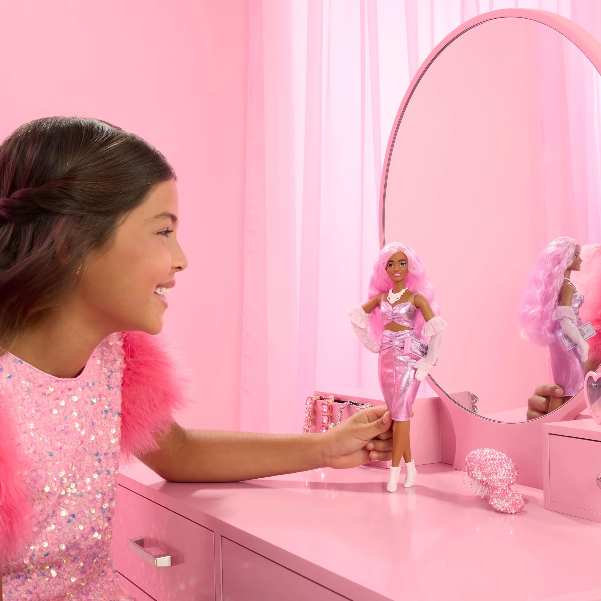 Barbie Deluxe Style Doll #1 in Glossy Pink Barbiecore Dress With Velvet Gloves, Pink Hair - Image 2