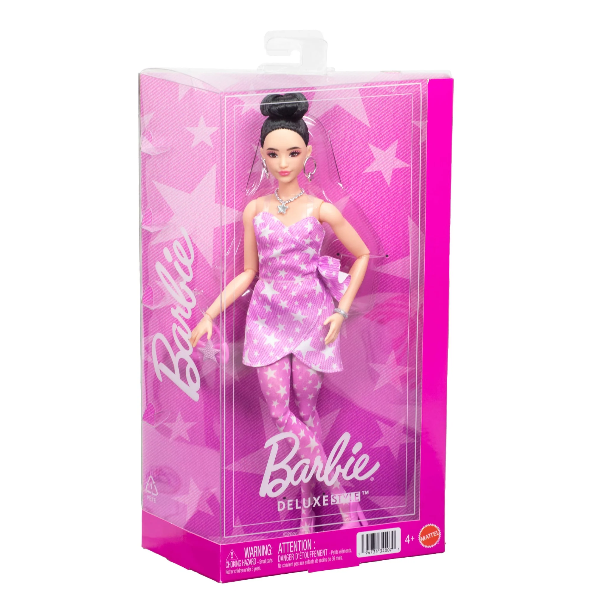 Barbie Deluxe Style Fashion Doll #11 in Pink Denim Star-Print Dress, Black Hair in Bun - Image 6