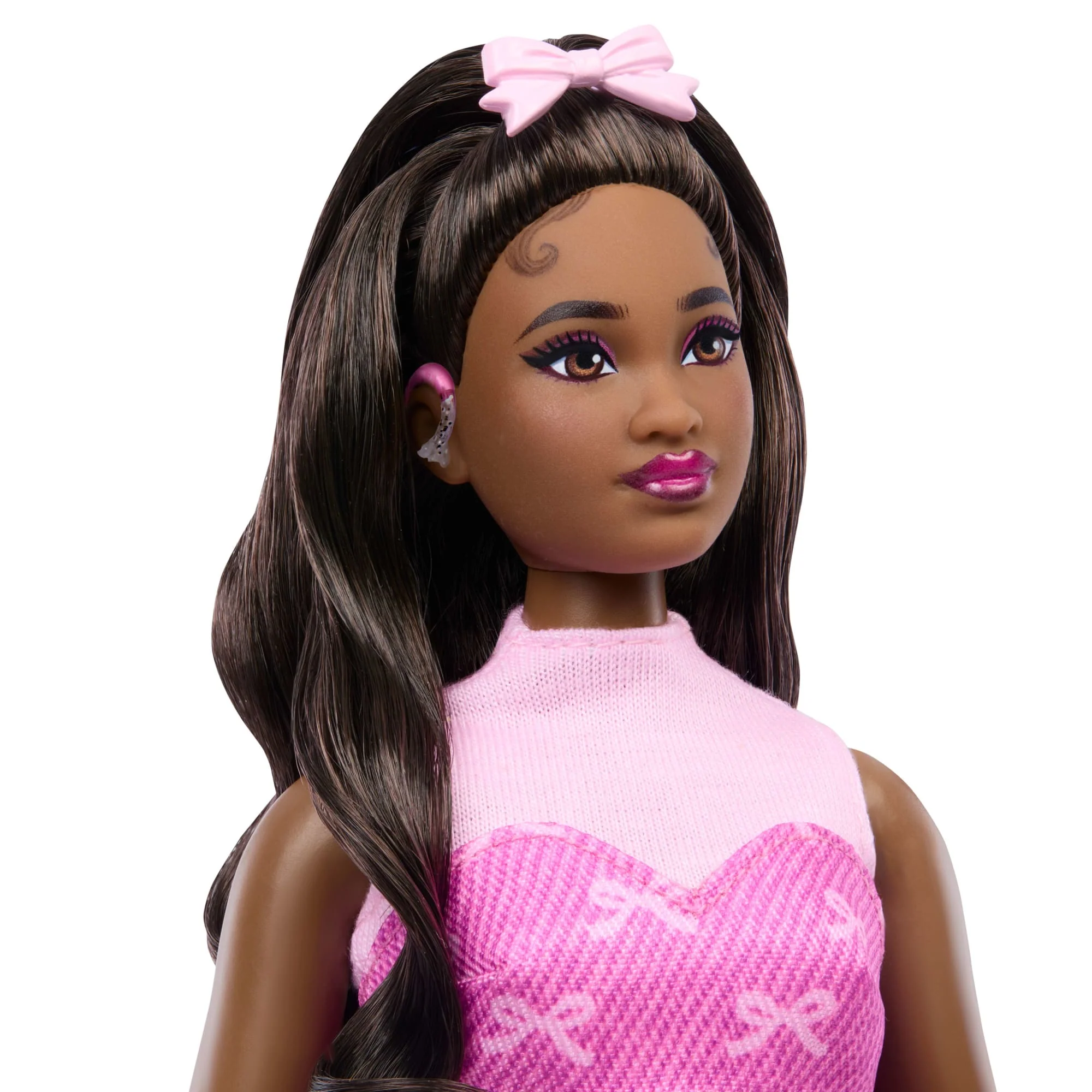 Barbie Deluxe Style Fashion Doll #10 in Pink Denim Top & Skirt Set With Bow Print, Black Hair - Image 3