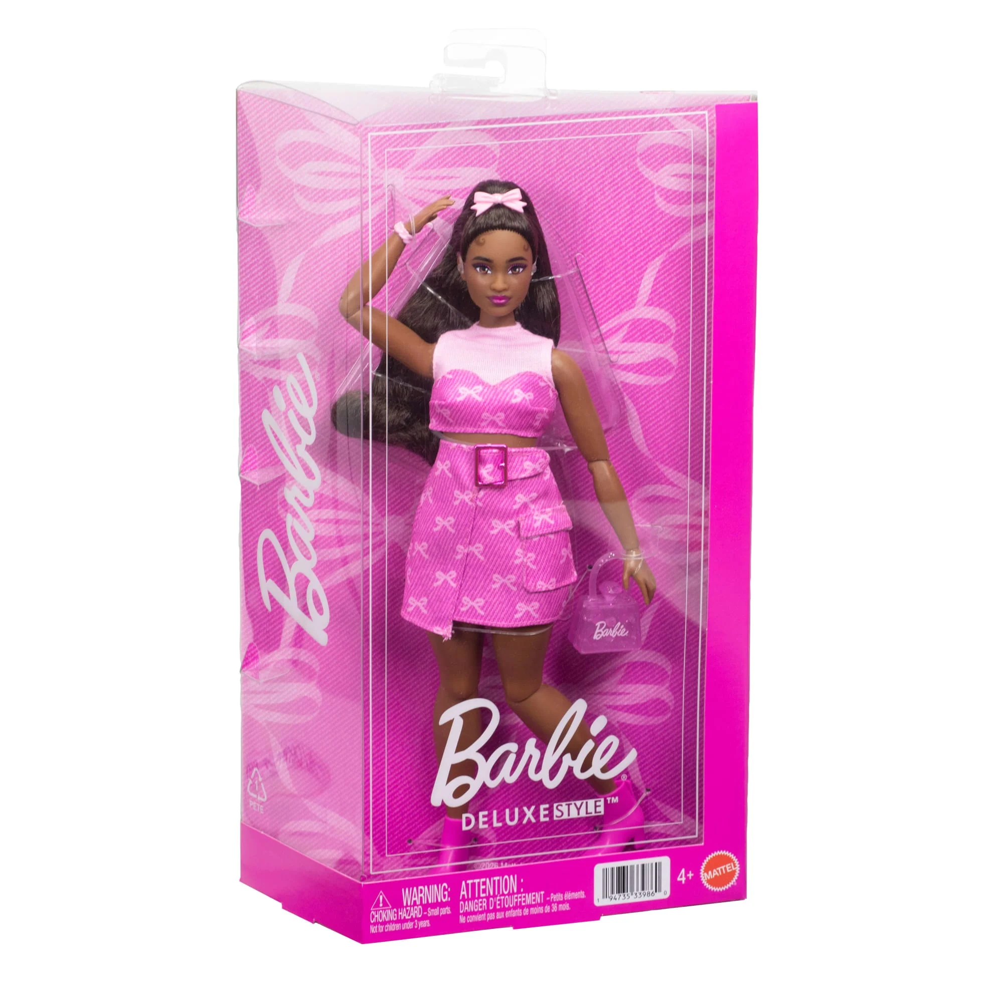 Barbie Deluxe Style Fashion Doll #10 in Pink Denim Top & Skirt Set With Bow Print, Black Hair - Image 6
