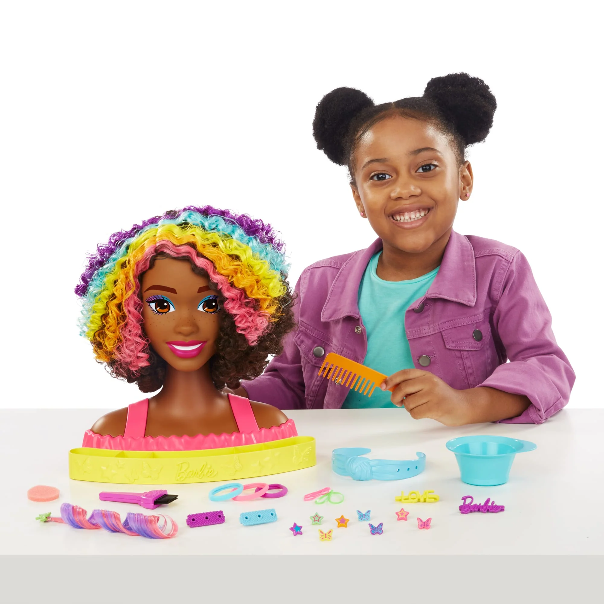 Barbie Deluxe Styling Head, Barbie Totally Hair, Curly Brown Rainbow Hair - Image 2