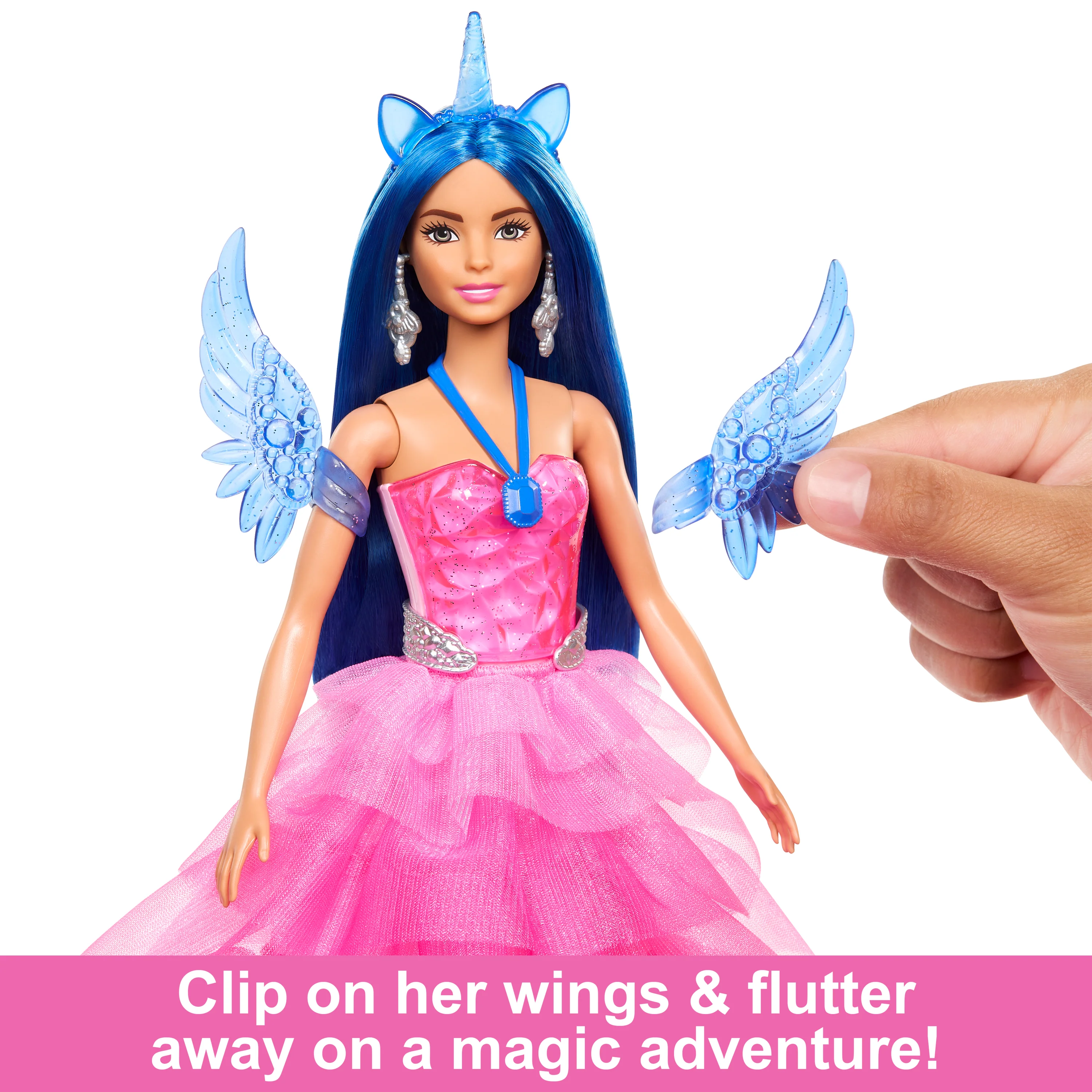 Barbie Unicorn Toy, 65th Anniversary Doll With Blue Hair, Pink Gown & Pet Alicorn - Image 3