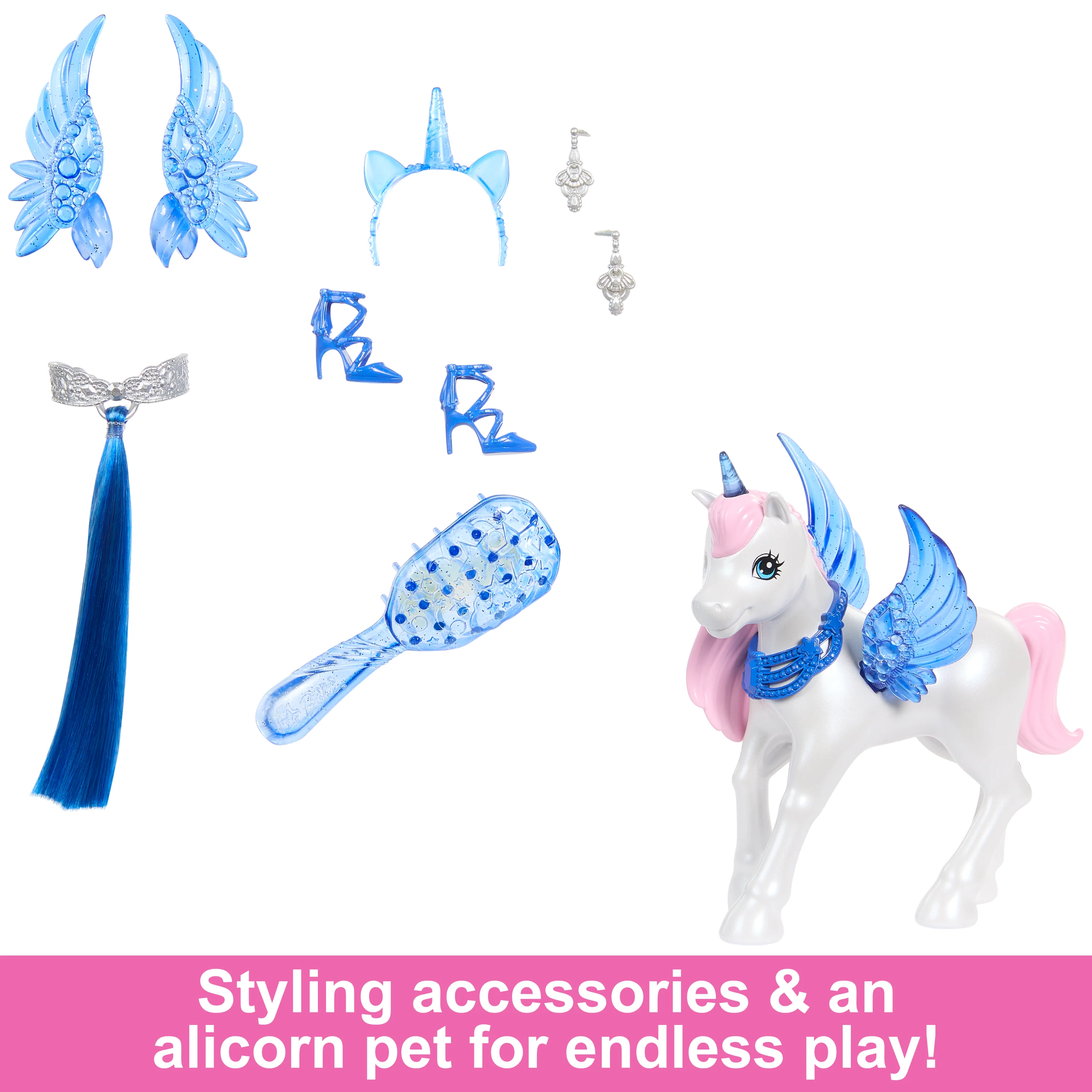 Barbie Unicorn Toy, 65th Anniversary Doll With Blue Hair, Pink Gown & Pet Alicorn - Image 5