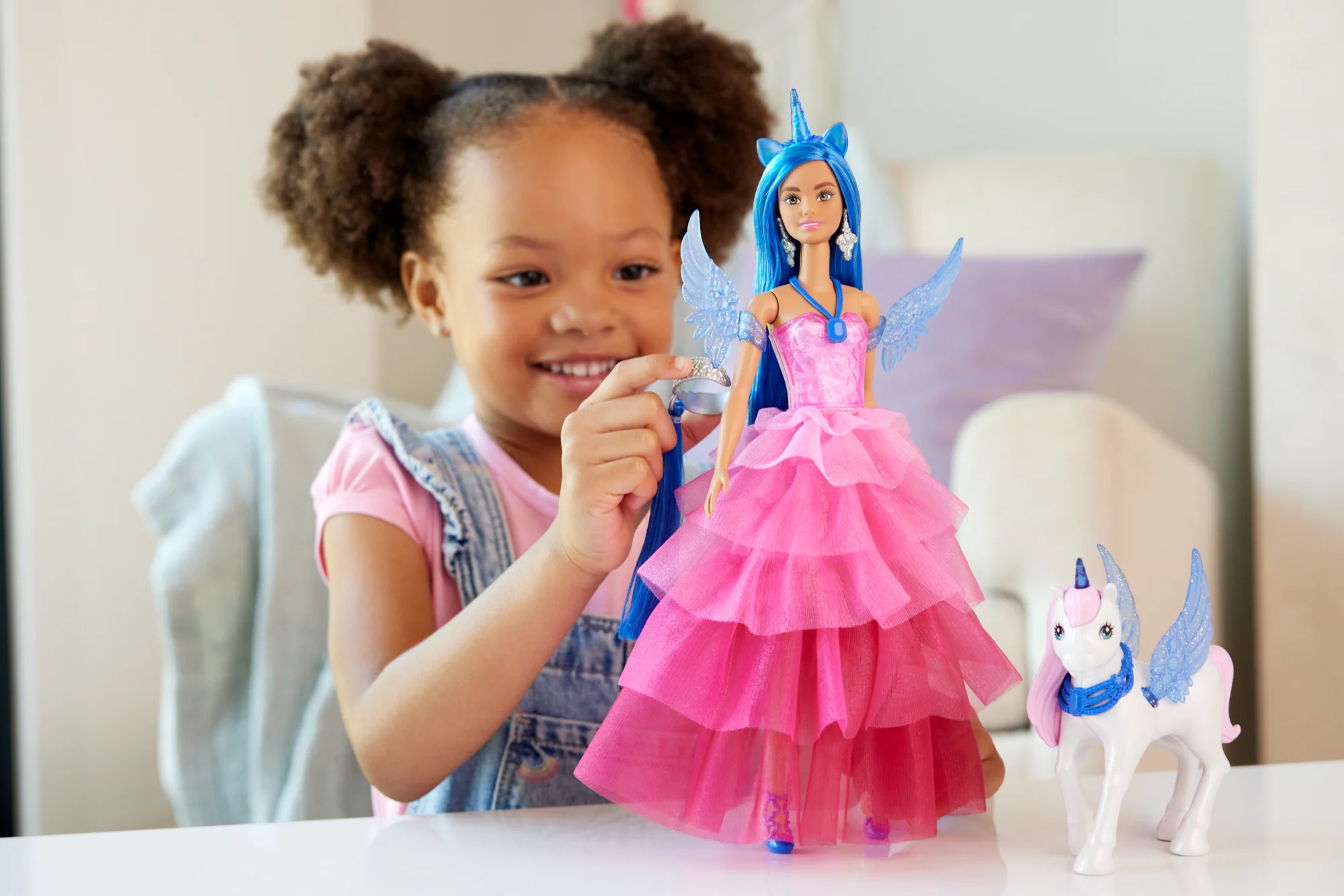 Barbie Unicorn Toy, 65th Anniversary Doll With Blue Hair, Pink Gown & Pet Alicorn - Image 2