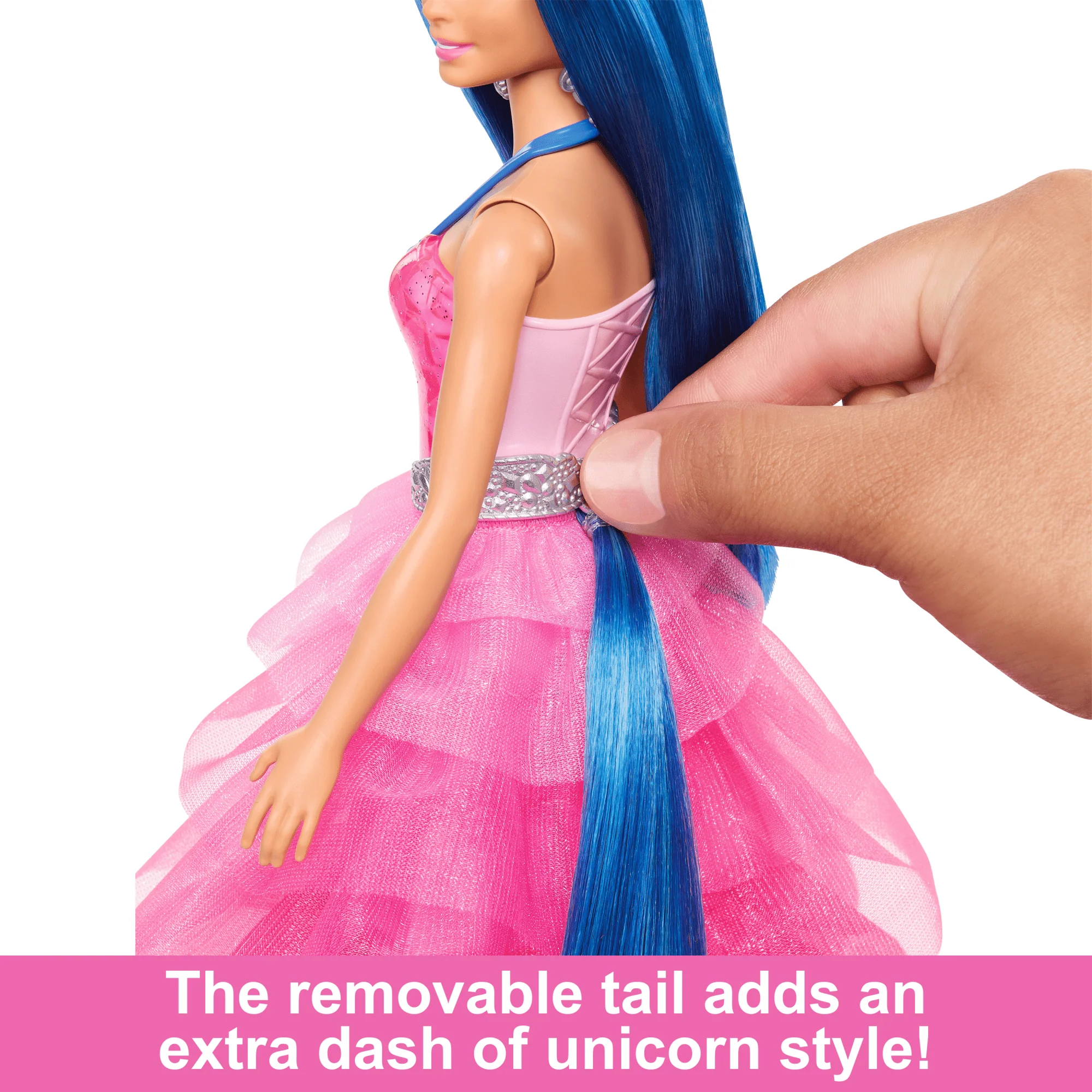 Barbie Unicorn Toy, 65th Anniversary Doll With Blue Hair, Pink Gown & Pet Alicorn - Image 3