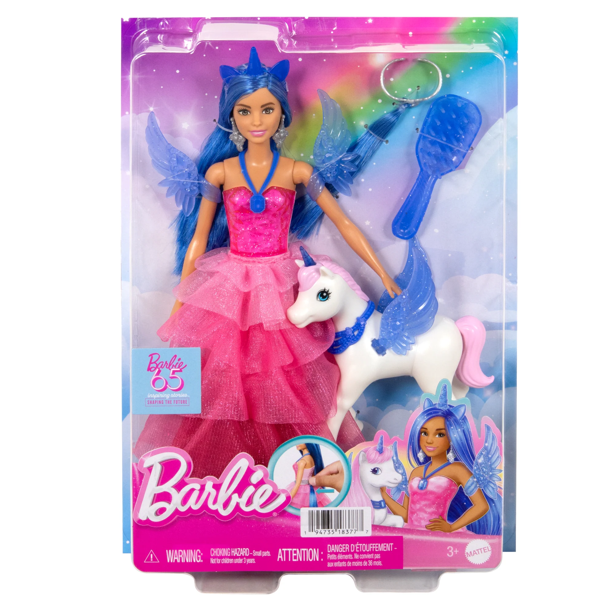 Barbie Unicorn Toy, 65th Anniversary Doll With Blue Hair, Pink Gown & Pet Alicorn - Image 6