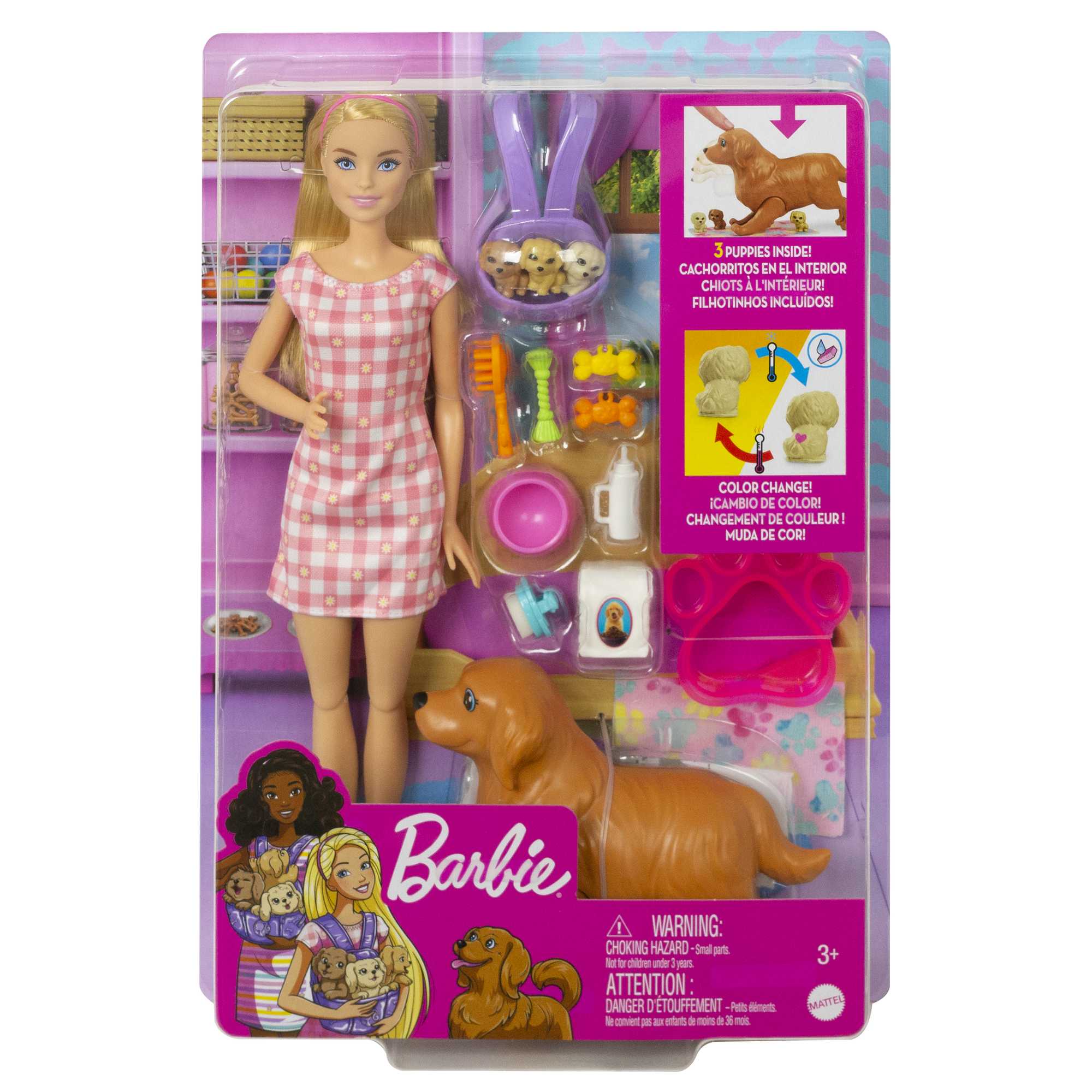 Barbie Doll Newborn Pups Playset With Blonde Doll, Mommy Dog And 3 Puppies, Kids Toys - Image 6