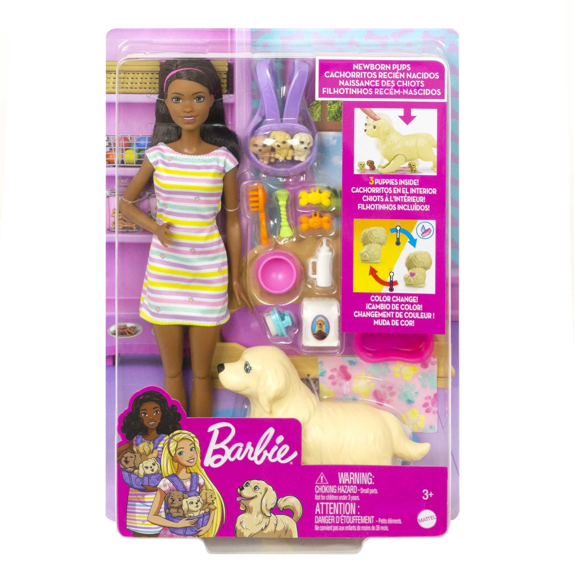 Barbie Doll Newborn Pups Playset With Brunette Doll, Mommy Dog, 3 Puppies, Kids Toys - Image 6