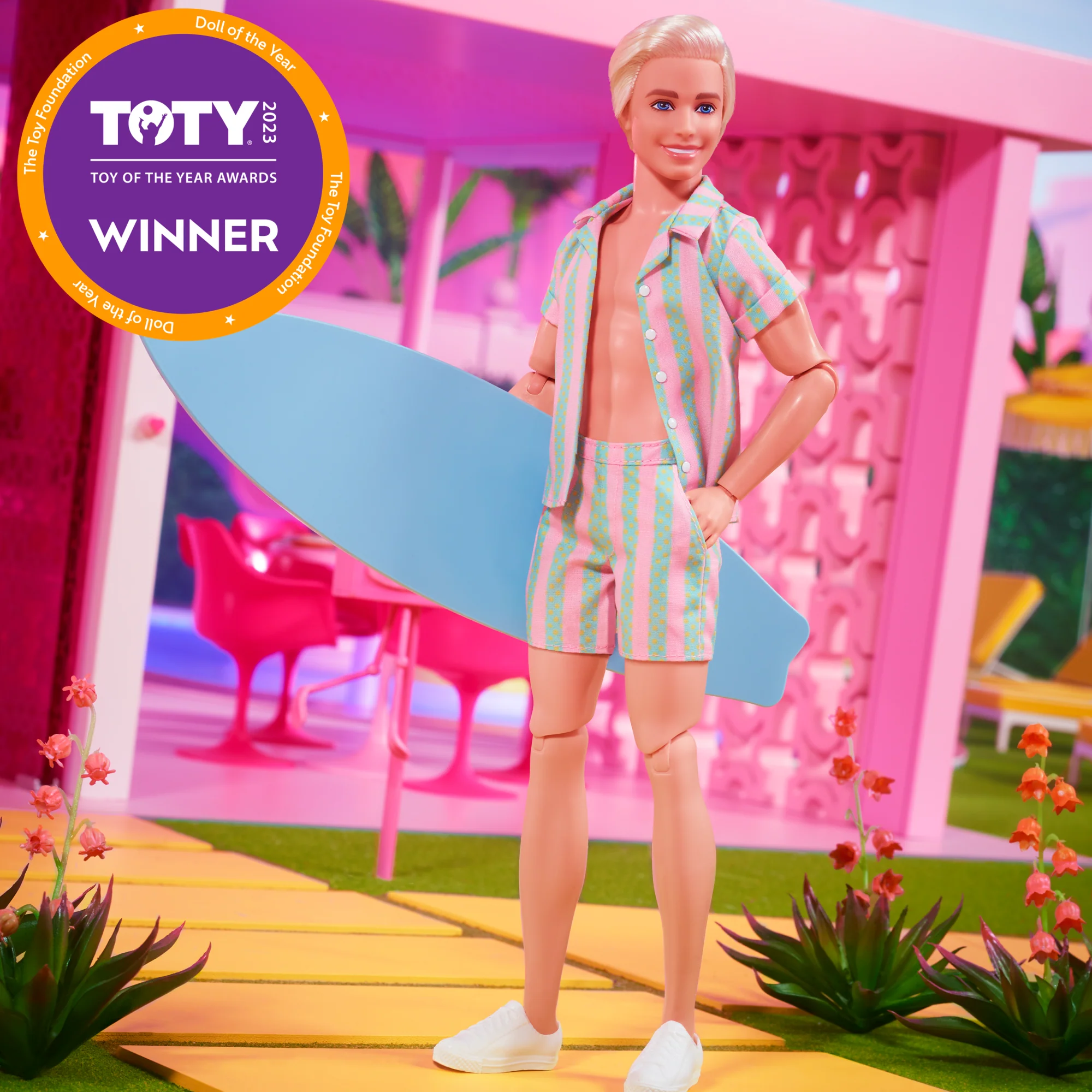 Barbie The Movie Ken Doll Wearing Pastel Striped Beach Matching Set - Image 2