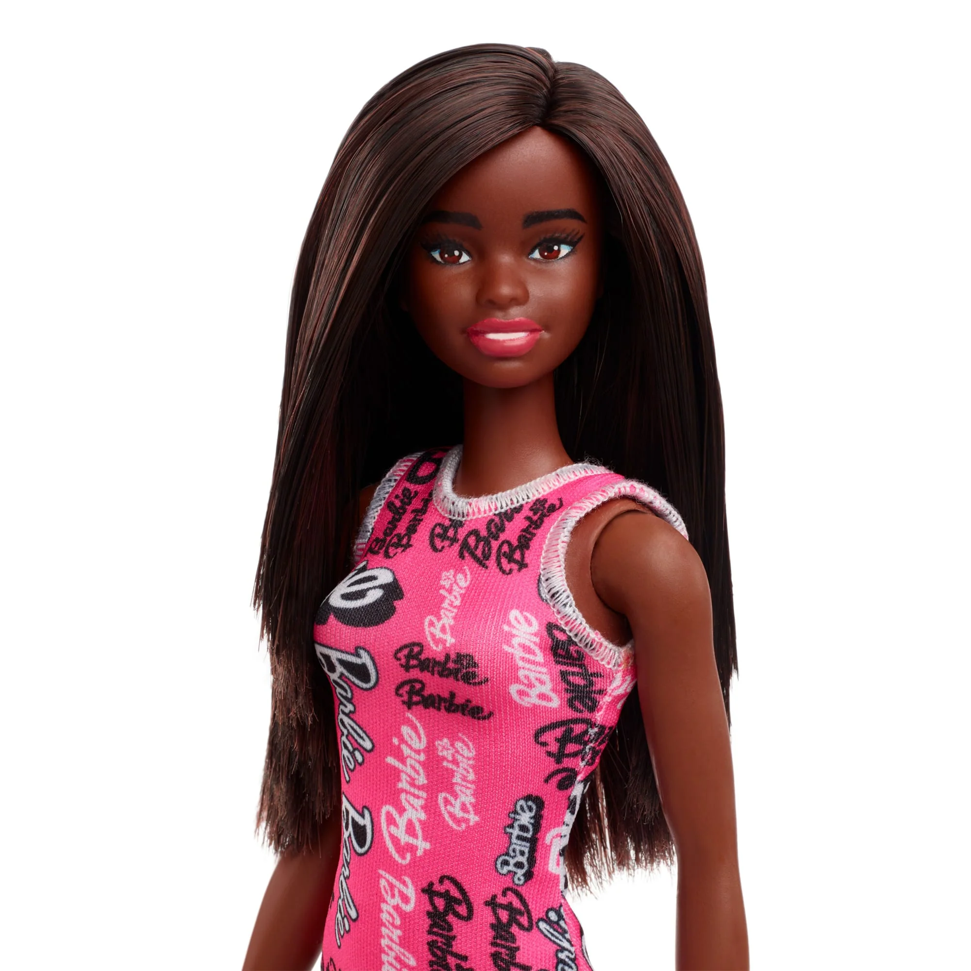 Barbie Fashion Doll With Straight Black Hair Wearing Removable Pink Dress With Logo Print & Shoes - Image 2