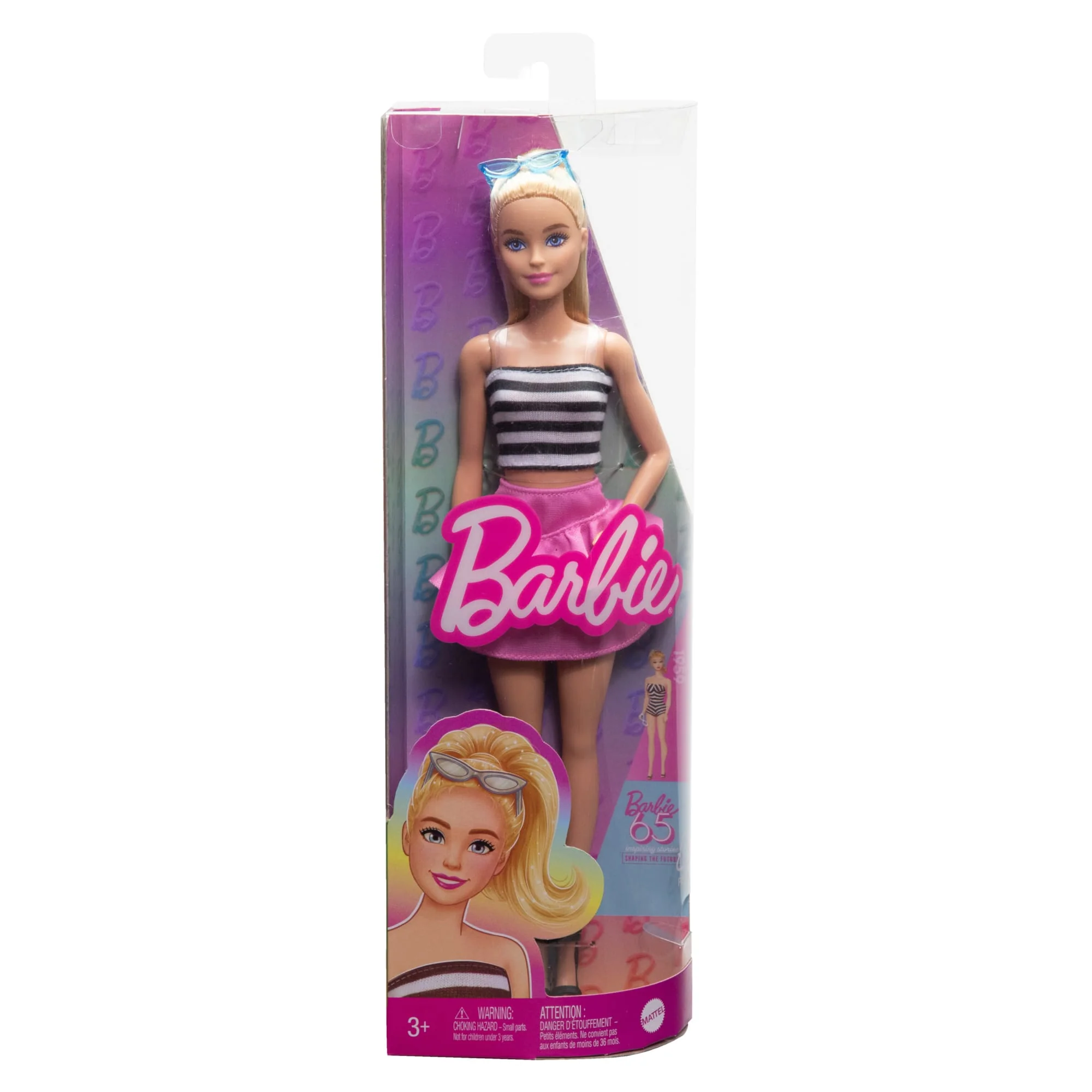 Barbie Fashionistas Doll #213, Blonde With Striped Top, Pink Skirt & Sunglasses, 65Th Anniversary - Image 6