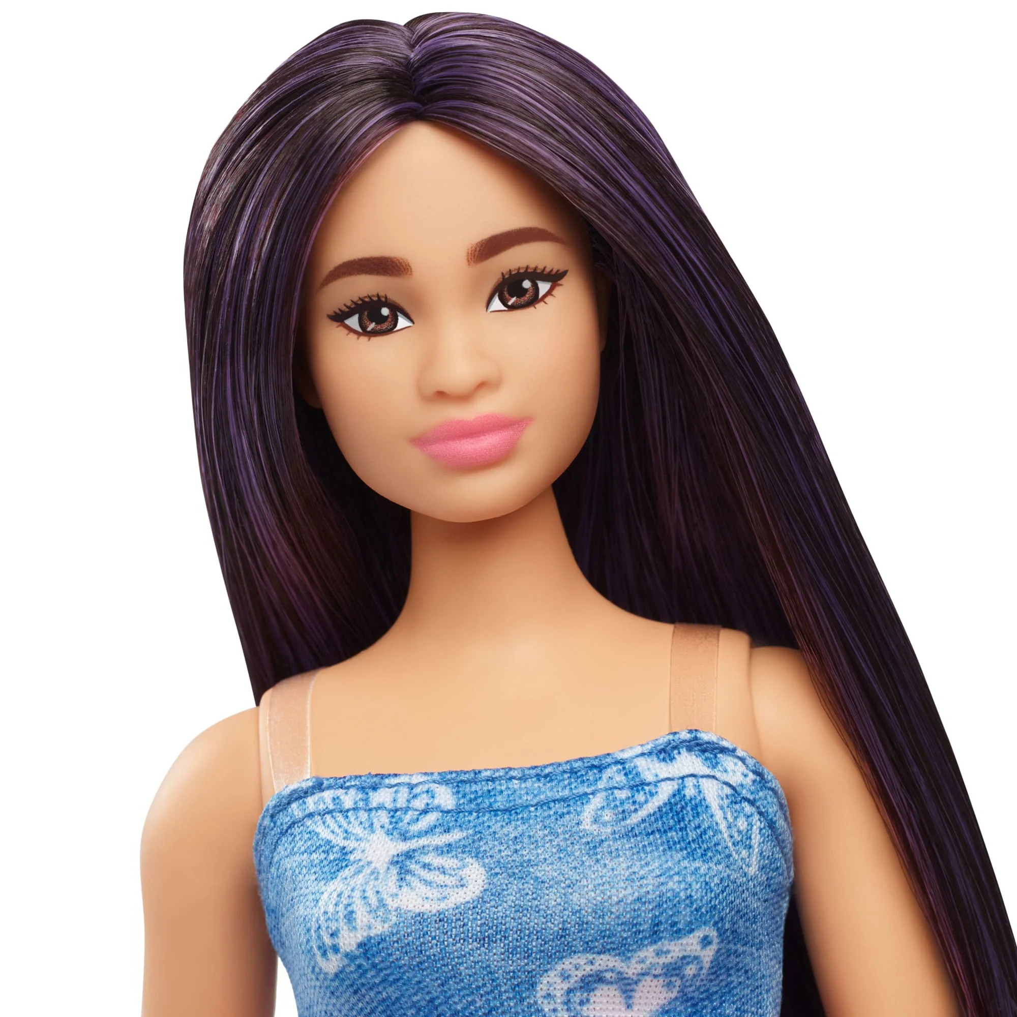Barbie Fashionistas Doll #231 in Denim Butterfly Dress With Pink Belt, Purple Hair - Image 3