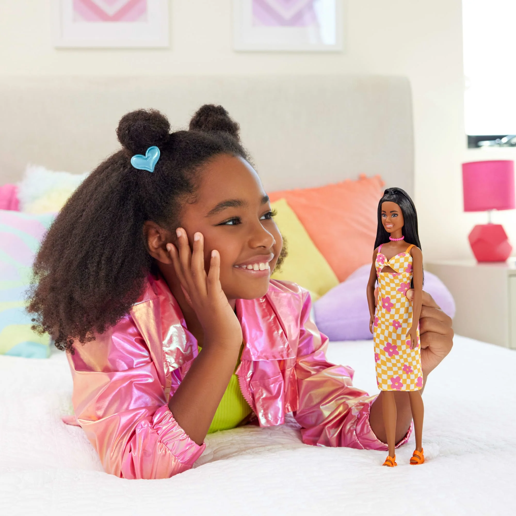 Barbie Fashionistas Doll #233 in Checkered Flower Midi Dress, Black Hair - Image 2