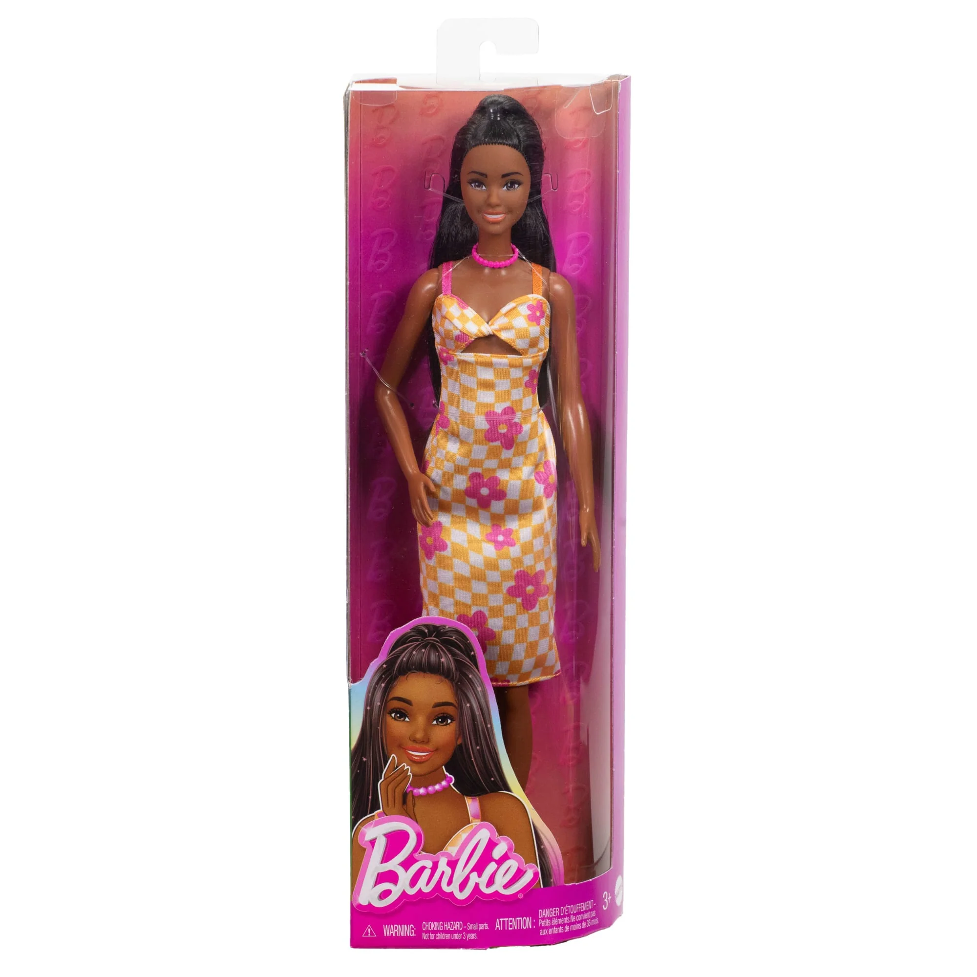 Barbie Fashionistas Doll #233 in Checkered Flower Midi Dress, Black Hair - Image 6