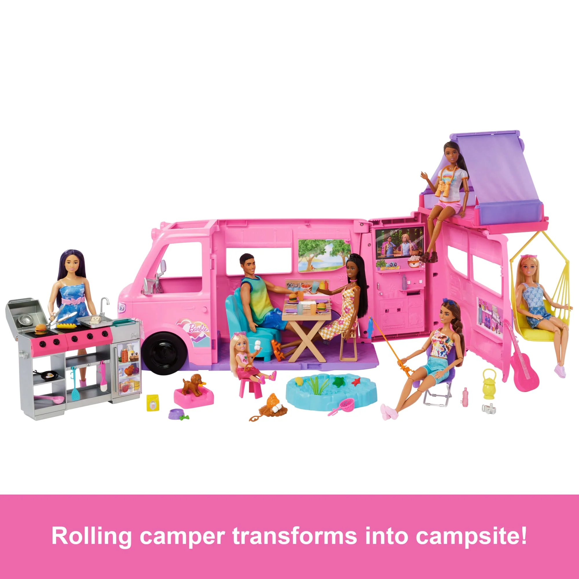 Barbie Dream Camper Playset With Roof Tent, BBQ Grill With Color-Change Feature & 60+ Accessories - Image 2