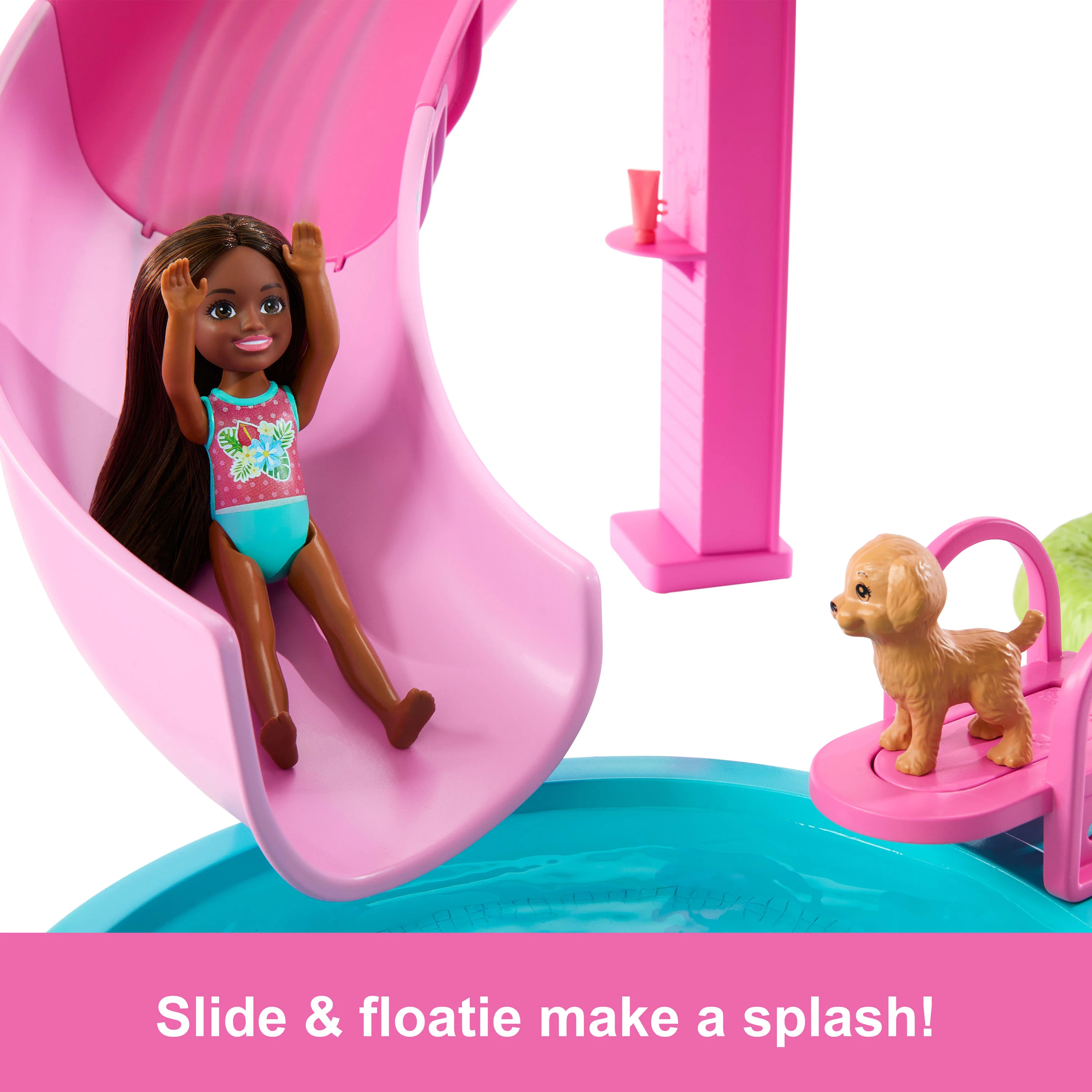 Barbie Dream Pool Playset With Slide & Bubbling Hot Tub, 20+ Accessories Including Pet, Floaties & More - Image 5