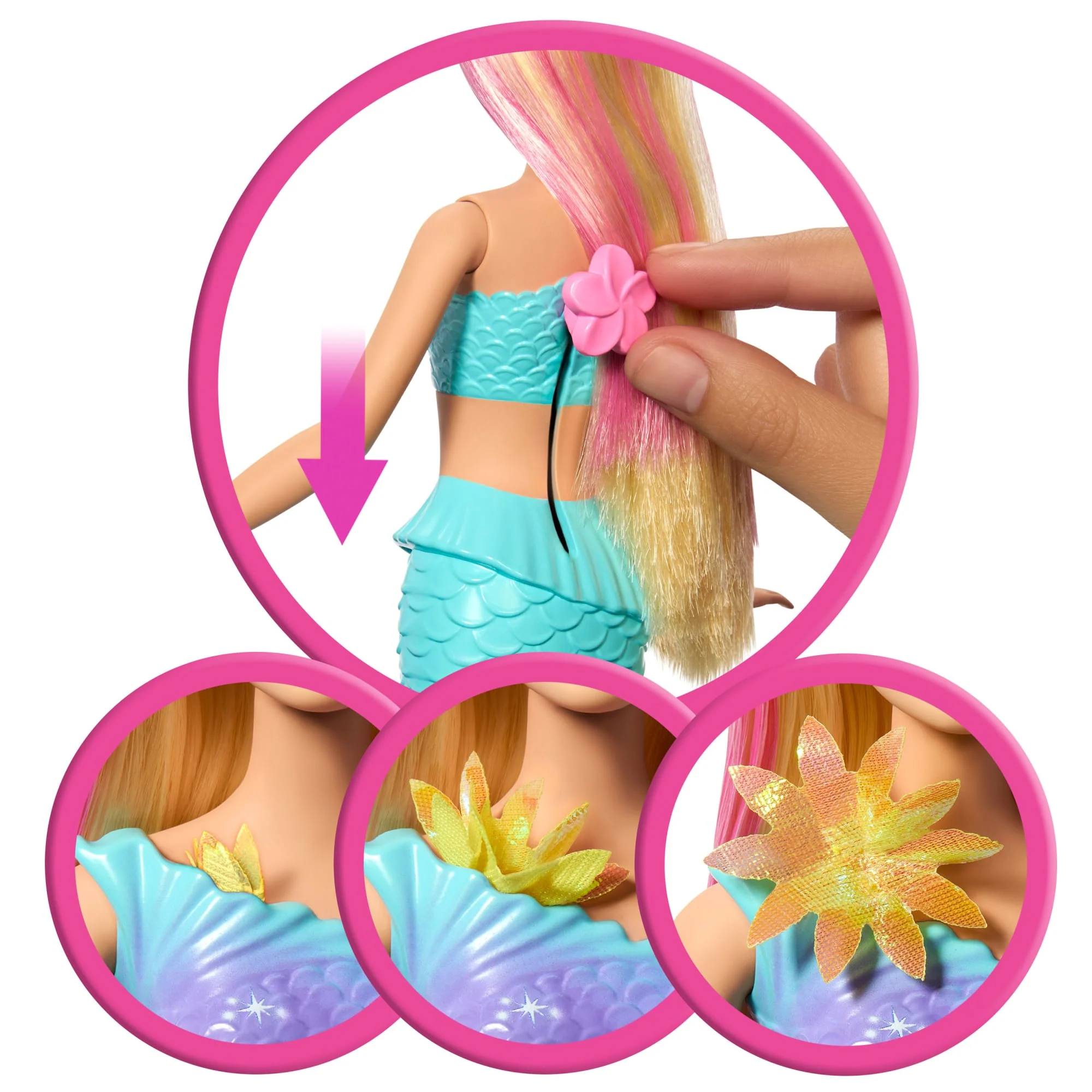 Barbie Fantasía Muñeca Sirena con Transformación de Flores Cabello Rosa - Image 3