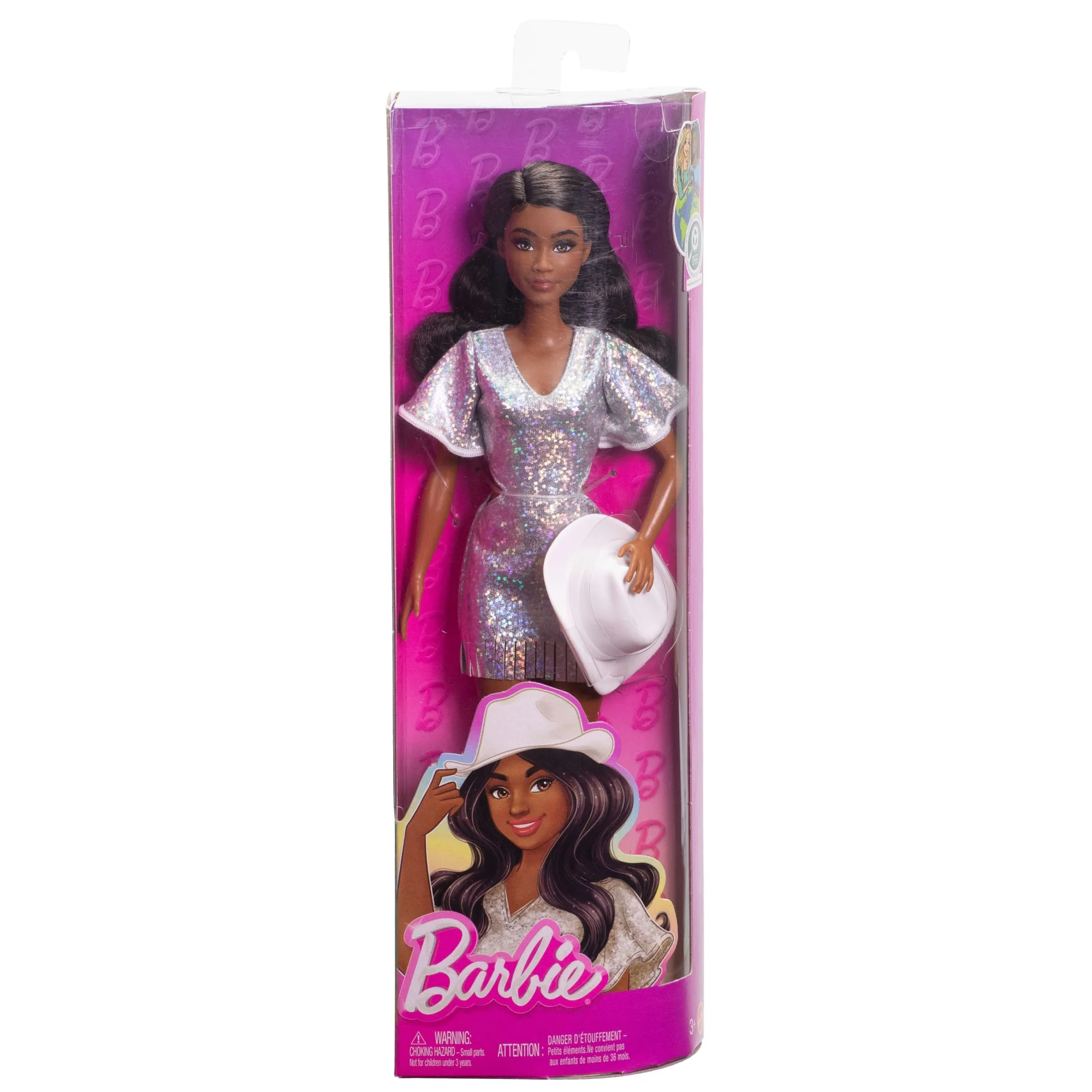Barbie Fashionistas Doll #239 in Sparkly Silver Dress With Cowboy Hat And Boots, Black Hair - Image 6