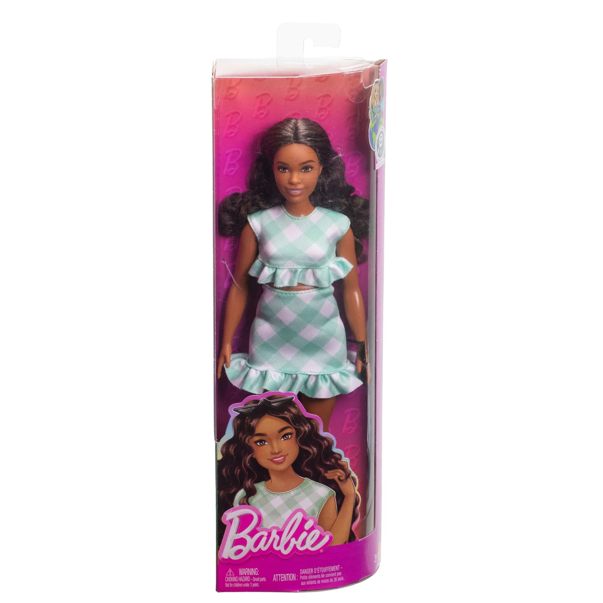 Barbie Fashionistas Doll #240 in Green Gingham Dress And Sunglasses, Wavy Dark Brown Hair - Image 6