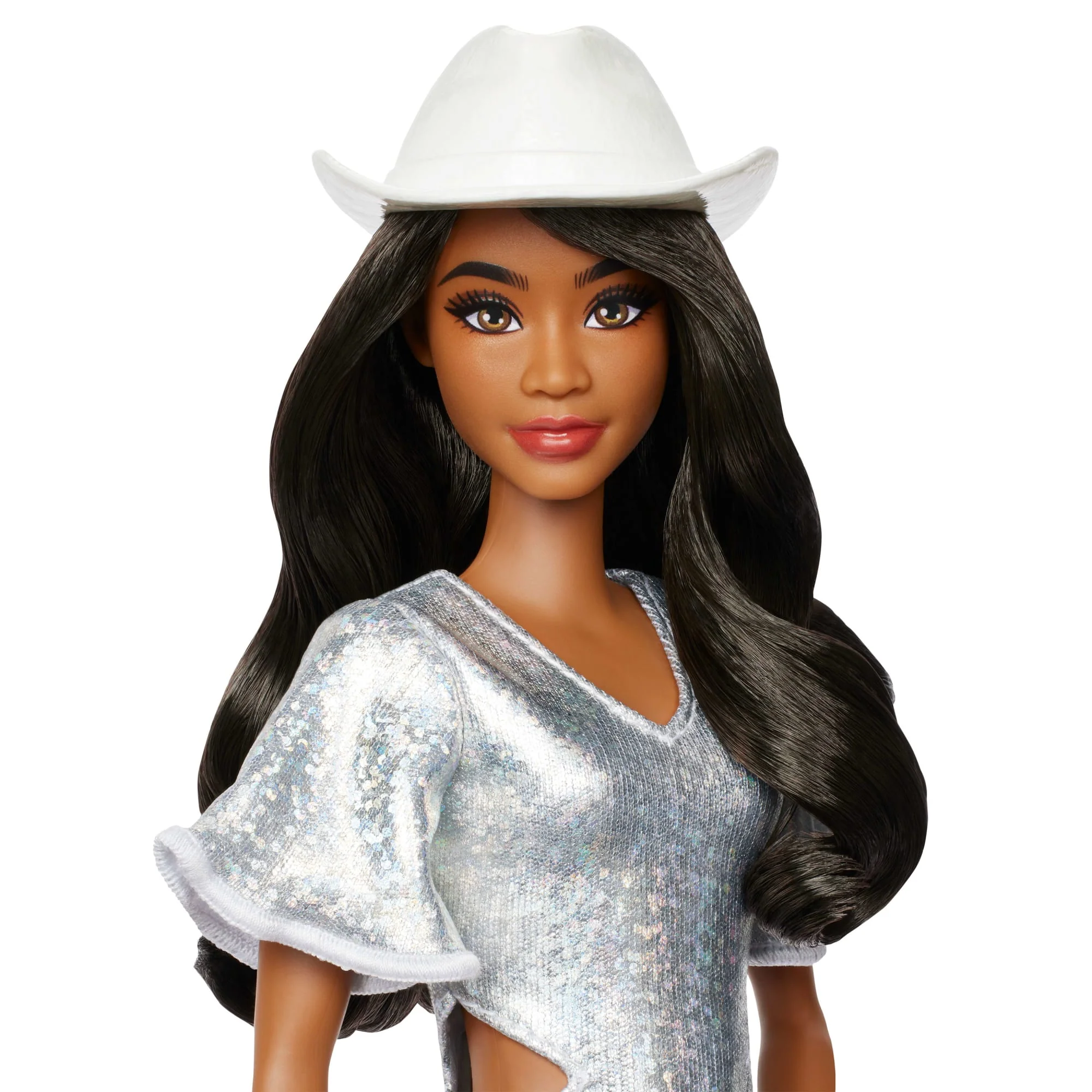 Barbie Fashionistas Doll #239 in Sparkly Silver Dress With Cowboy Hat And Boots, Black Hair - Image 3