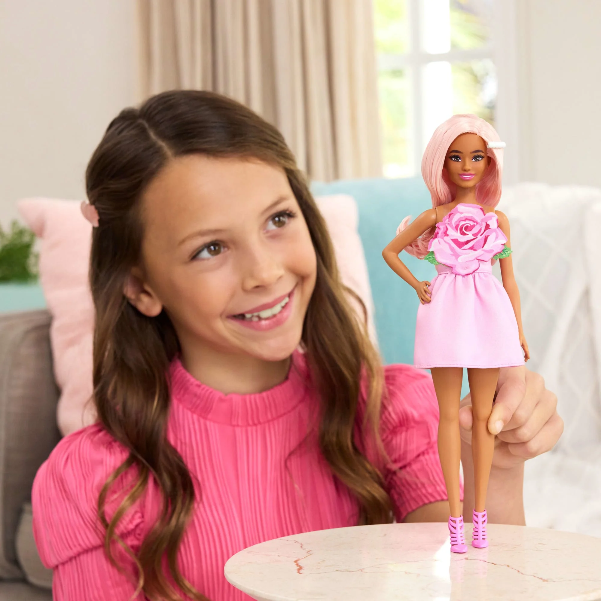 Barbie Fashionistas Doll #238 in Strapless Rose Dress, Pink Hair With Barrette Accessory - Image 2