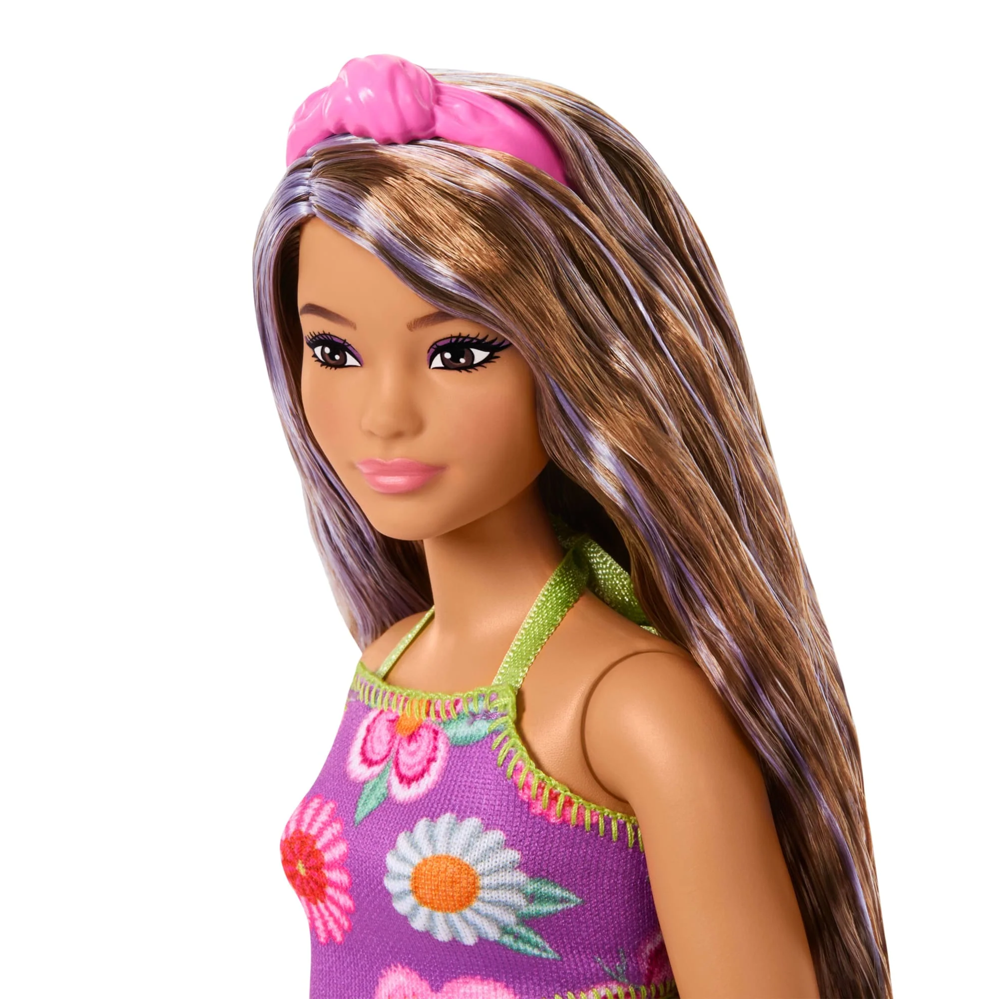 Barbie Fashionistas Doll #244 With Floral Halter Dress, Purple-Streaked Brown Hair - Image 4