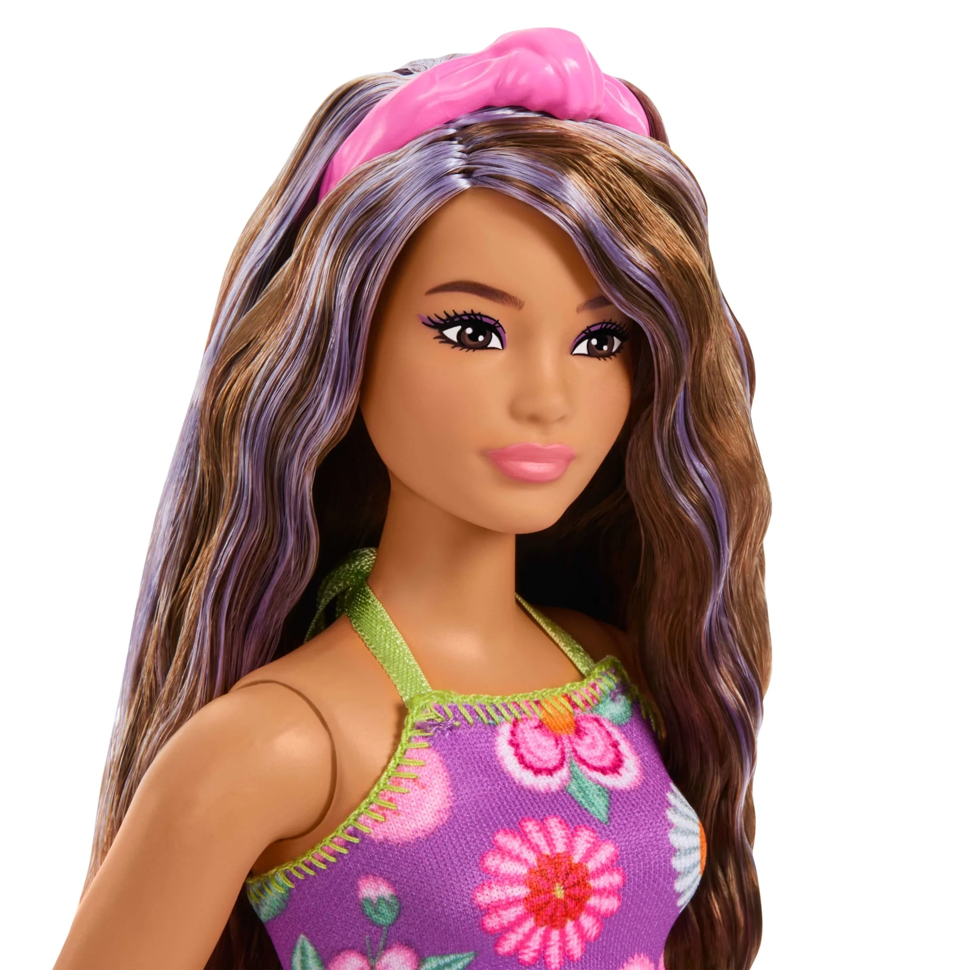 Barbie Fashionistas Doll #244 With Floral Halter Dress, Purple-Streaked Brown Hair - Image 3