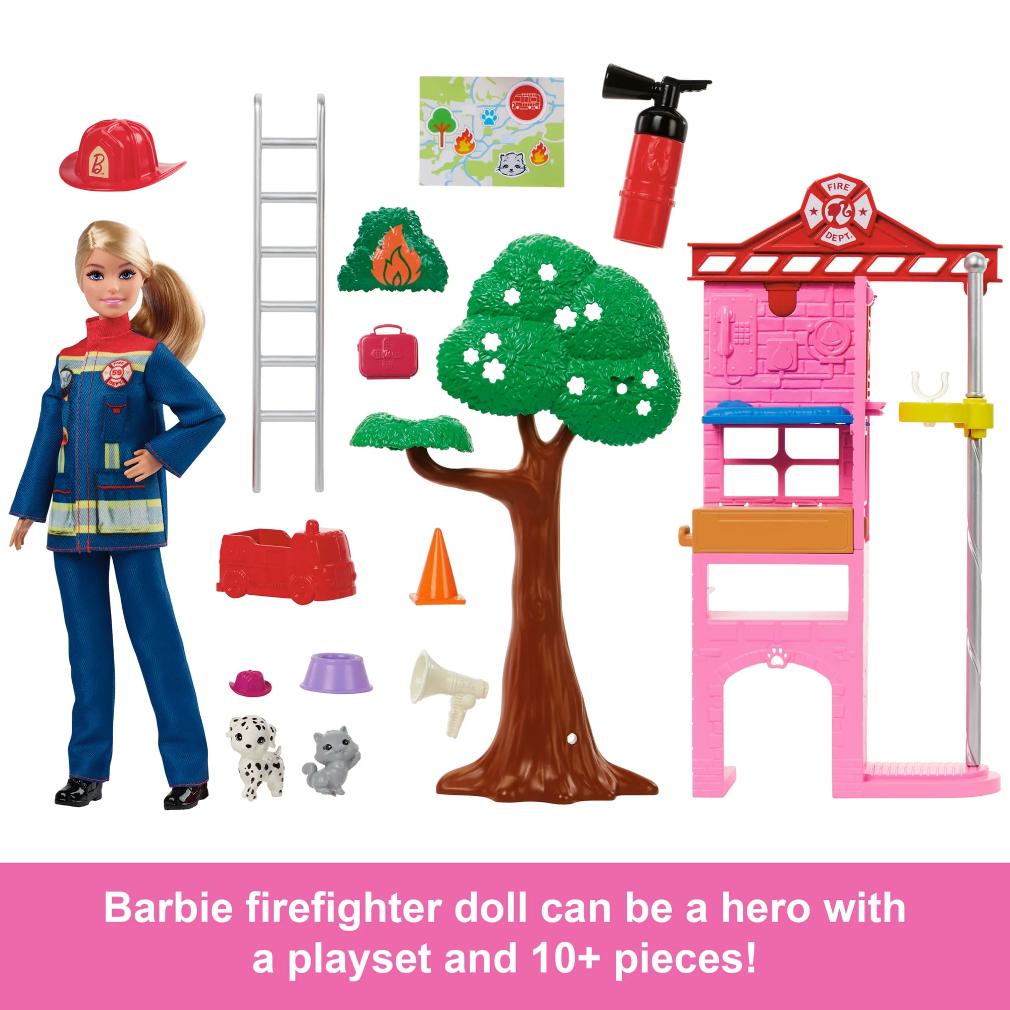 Barbie Firefighter Playset With Blonde Fashion Doll, Fire Station, 2 Pets & 10+ Accessories - Image 2