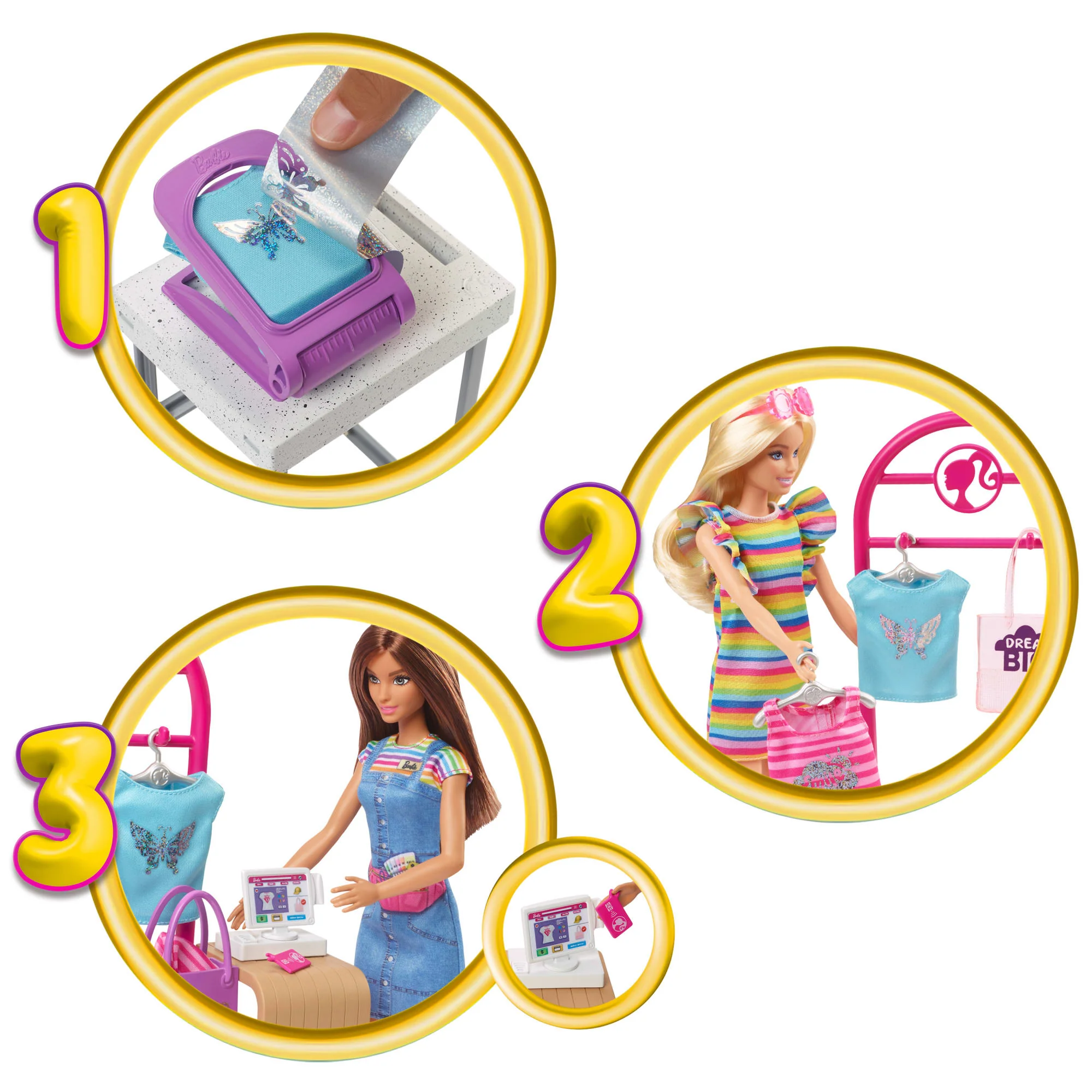Barbie Make & Sell Boutique Playset With Brunette Doll, Foil Design Tools, Clothes & Accessories - Image 3