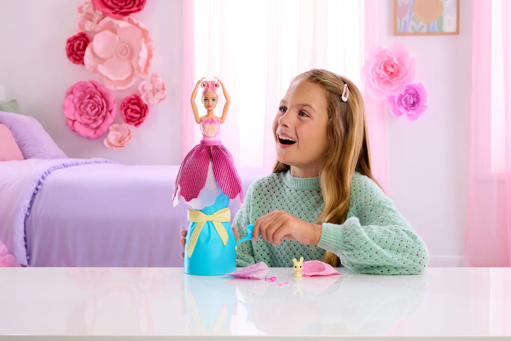Barbie Petal Pop Scented Fashion Doll With Pink Tulip Dress, Reveal Accessories Like Bunny & More - Image 2