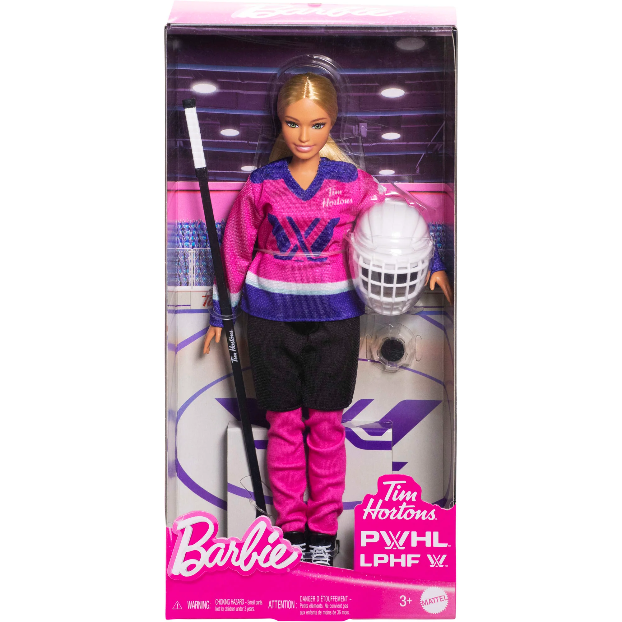 Barbie Tim Hortons PWHL Fashion Doll in Pink, Purple, & Teal Hockey Jersey, includes Hockey Accessories - Image 6