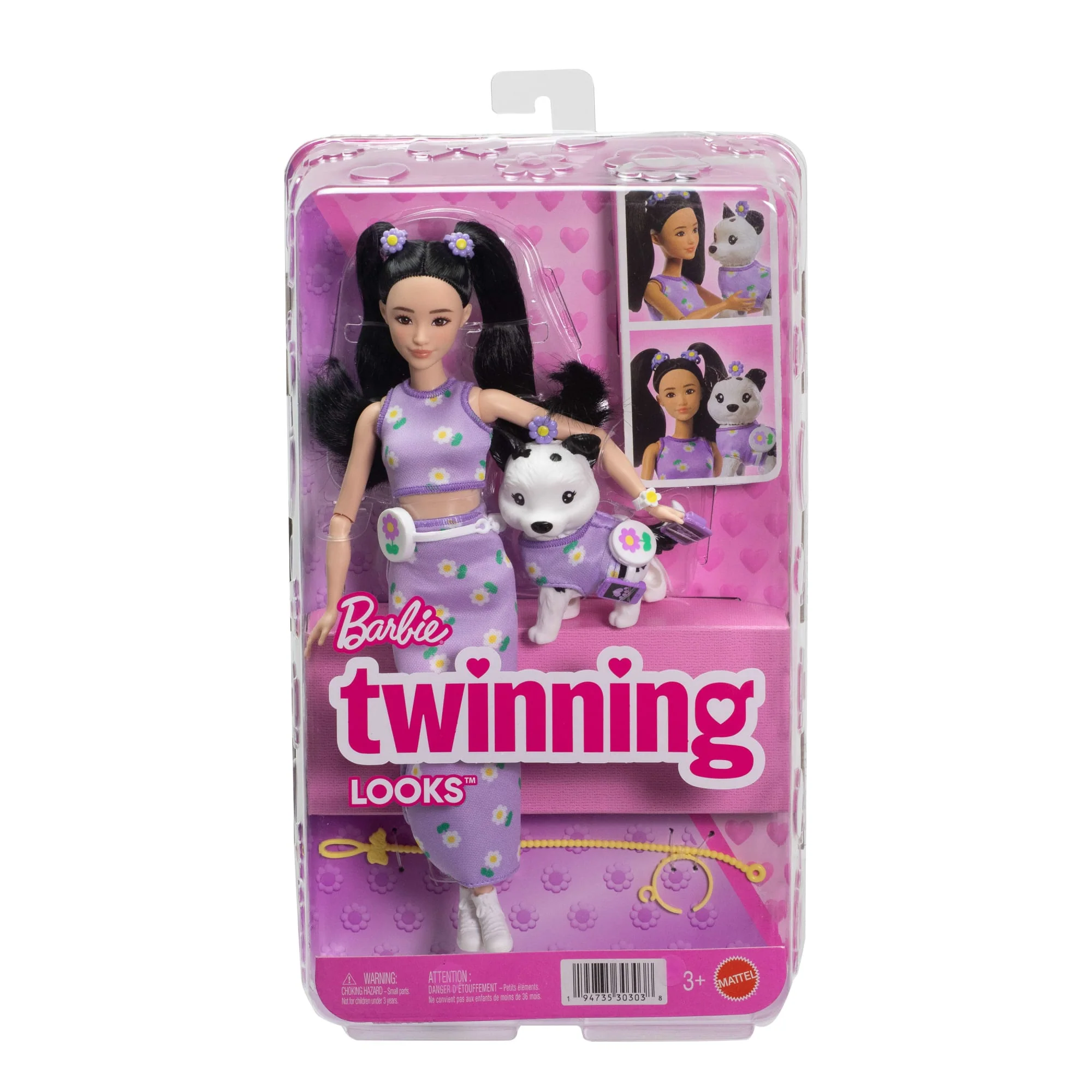 Barbie Twinning Looks Fashion Doll With Pet Dog, Matching Purple Clothes & Accessories, Black Hair - Image 6
