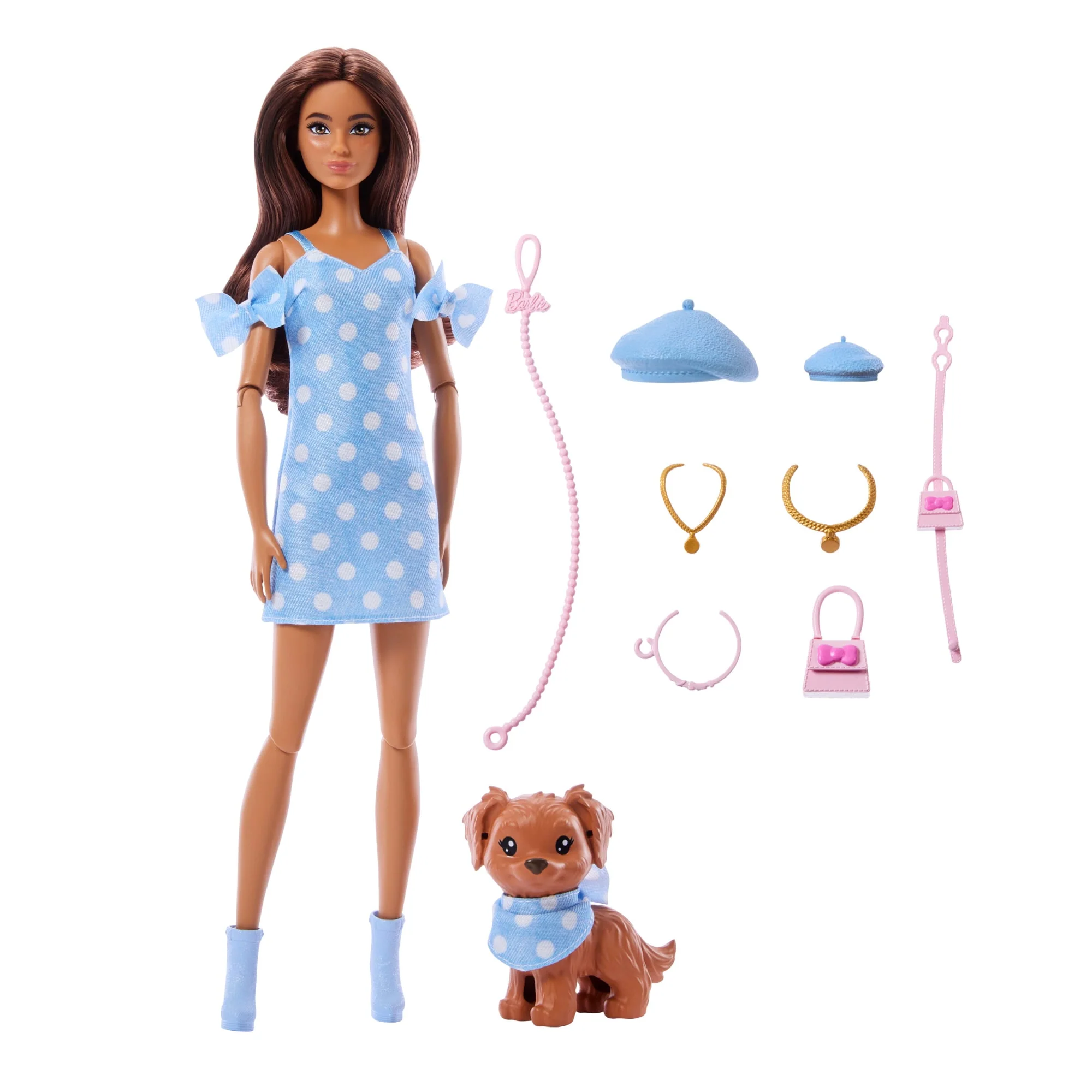 Barbie Twinning Looks Fashion Doll With Pet Dog, Matching Blue Clothes & Accessories, Brunette - Image 5