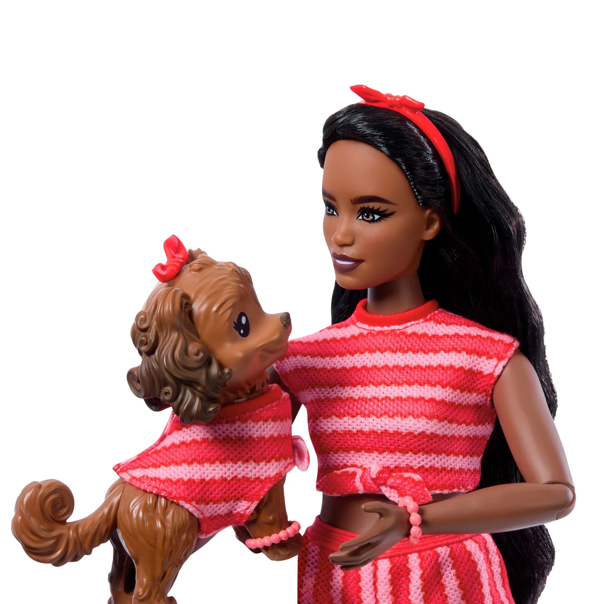 Barbie Twinning Looks Fashion Doll With Pet Dog, Matching Red Clothes & Accessories, Black Hair - Image 4