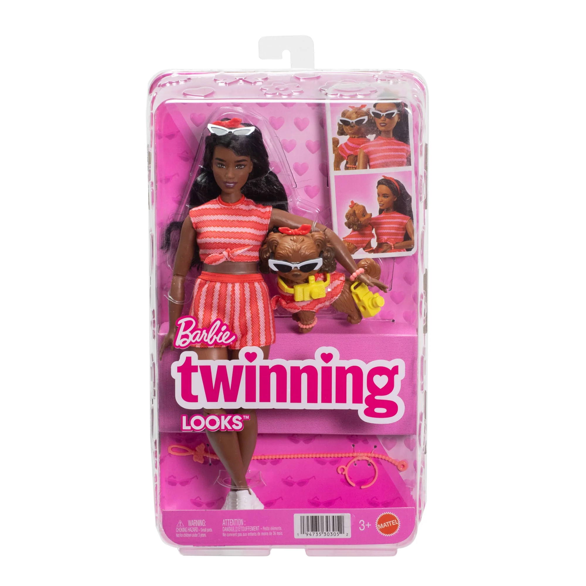 Barbie Twinning Looks Fashion Doll With Pet Dog, Matching Red Clothes & Accessories, Black Hair - Image 6