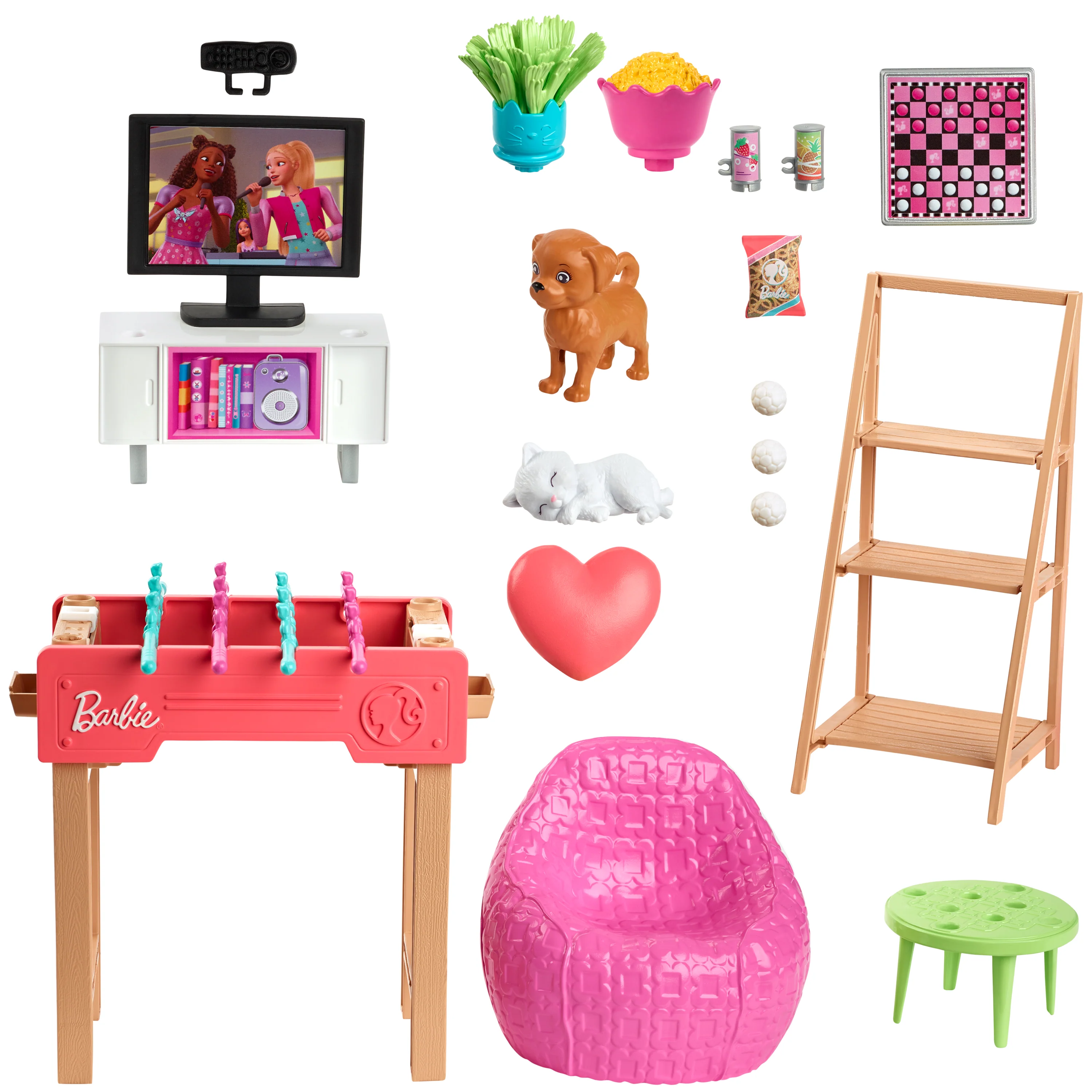 Barbie World Game Room Set With 19 Dollhouse Accessories Including Furniture, Foosball Table & Pets - Image 4
