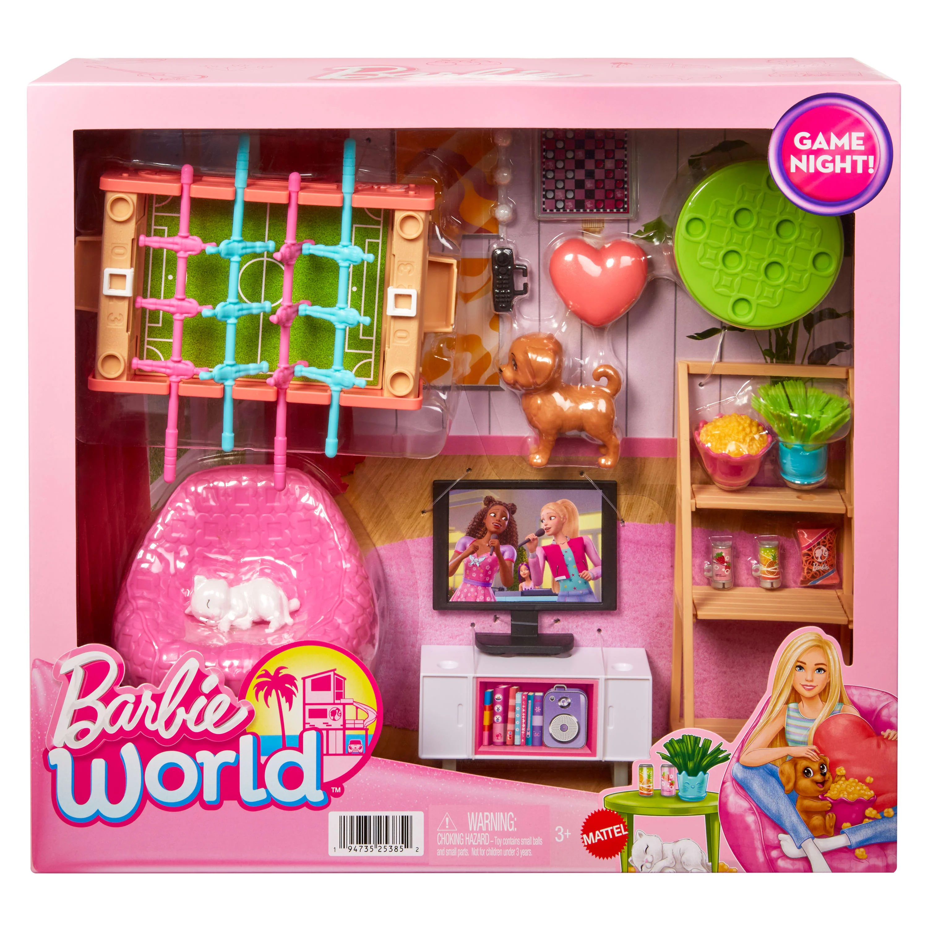Barbie World Game Room Set With 19 Dollhouse Accessories Including Furniture, Foosball Table & Pets - Image 5