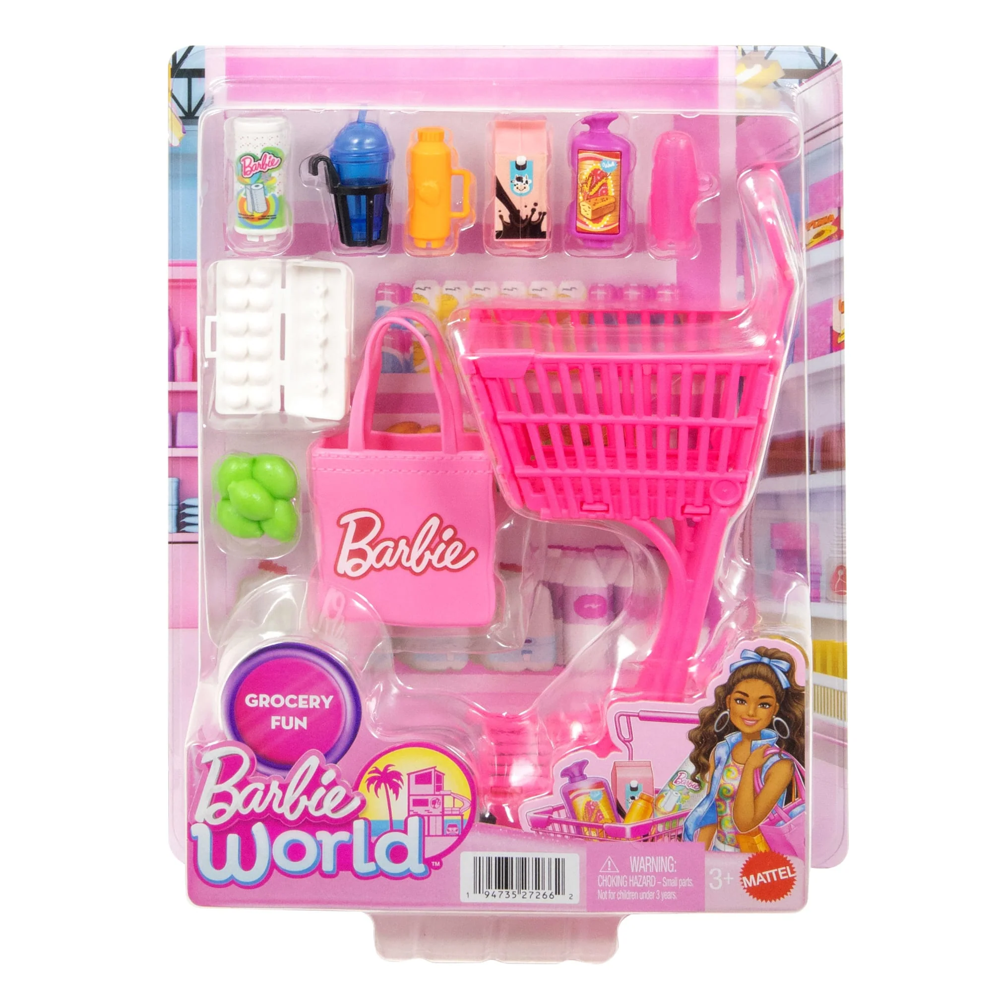 Barbie World Grocery Shopping Toy Set With 11 Doll Accessories Including Cart, Food, Bag, & More - Image 6
