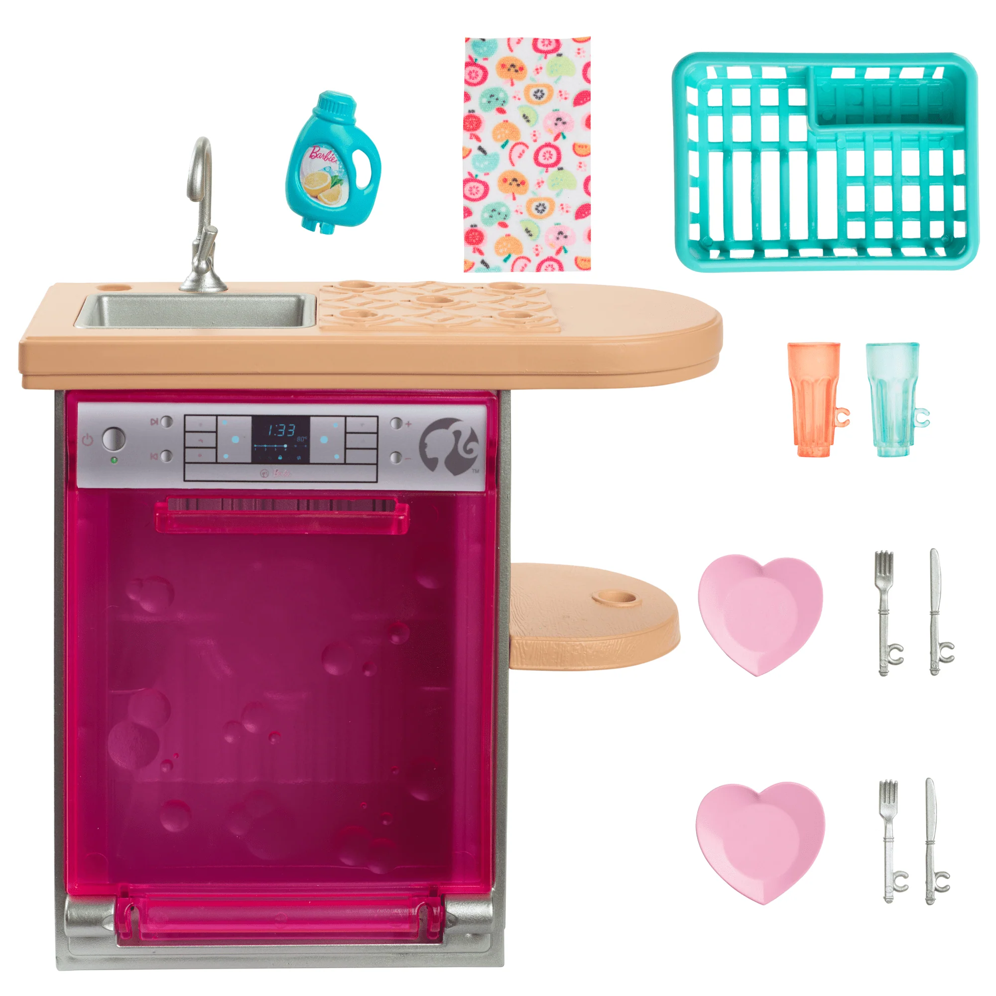 Barbie World Toy Dishwasher Set With 9 Dollhouse Kitchen Accessories Including Plates, Drying Rack, & More - Image 4