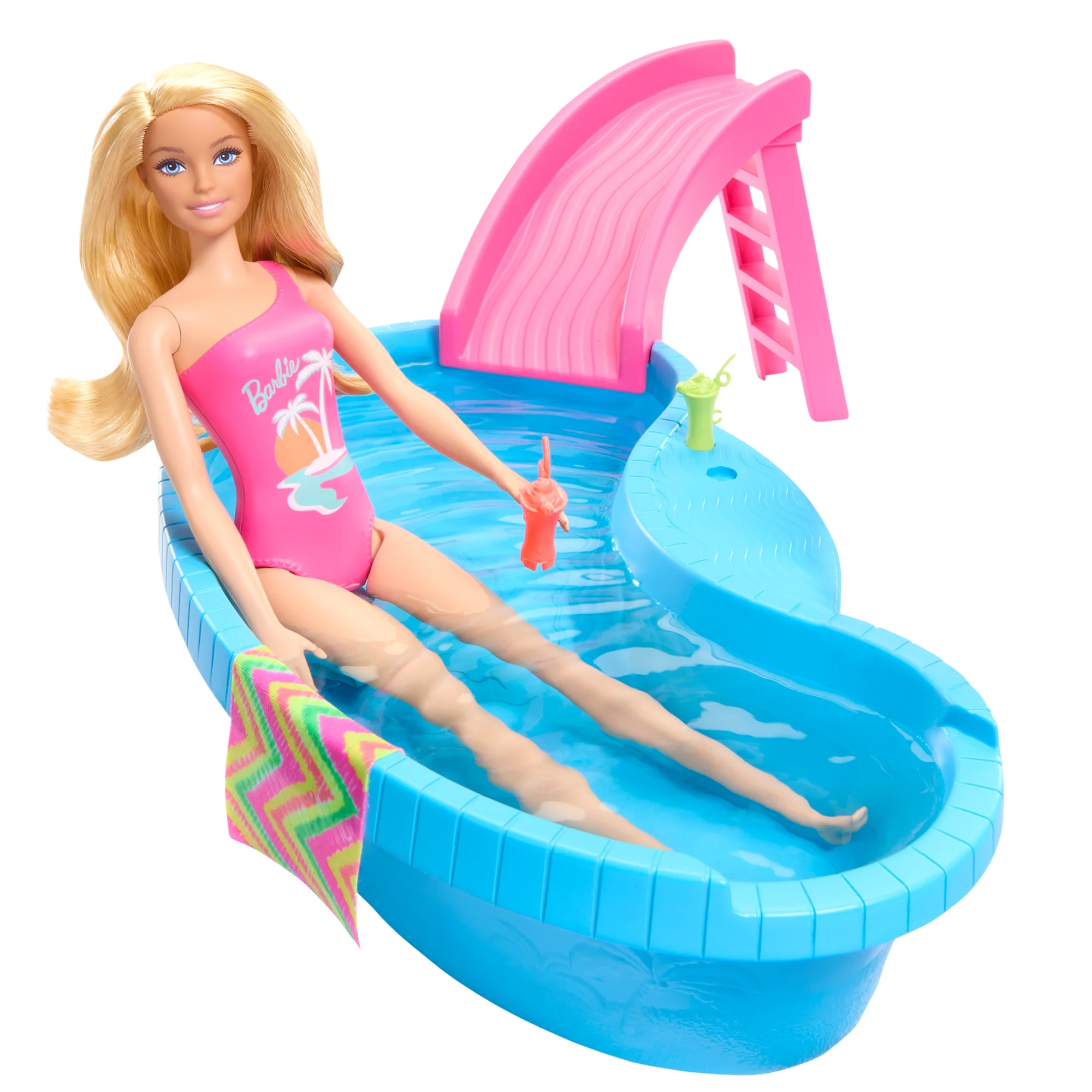Barbie Coffret de Jeu et Poupée, Blonde, Piscine, Serviette, Boissons - Image 2