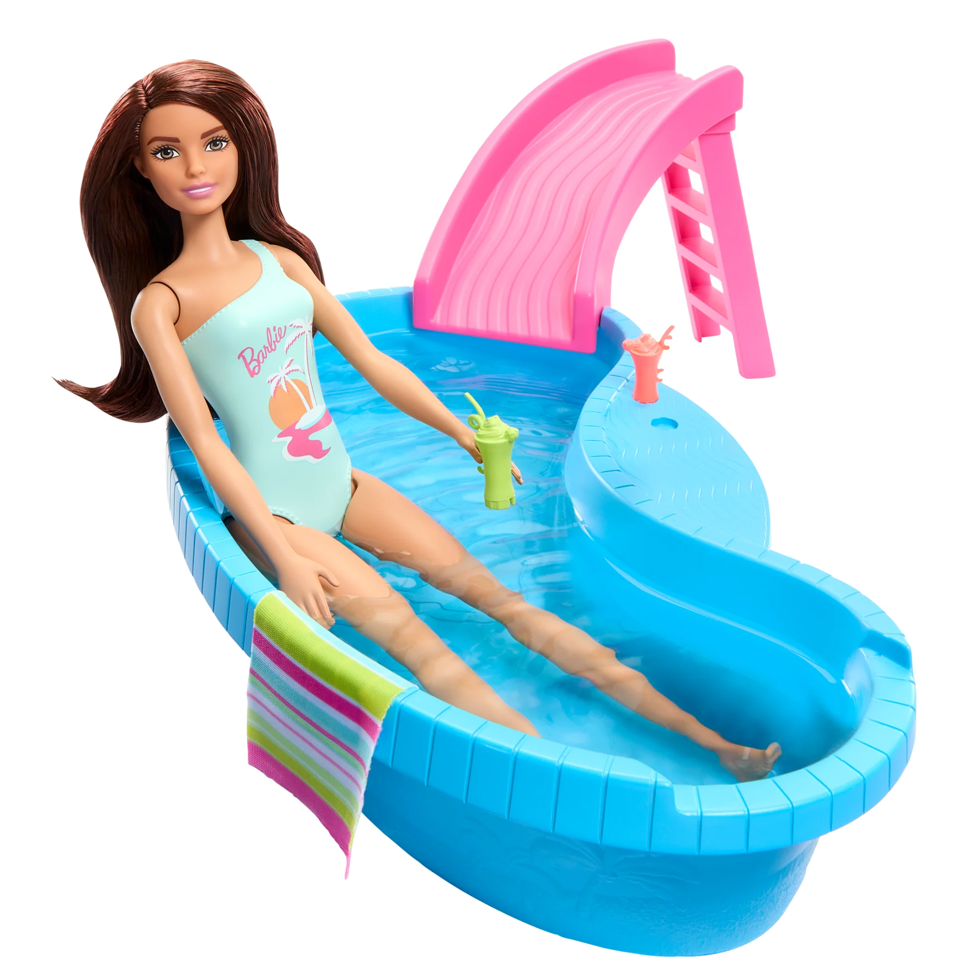 Barbie Coffret et Poupée, Brunette, Piscine, Serviette, Boissons - Image 2