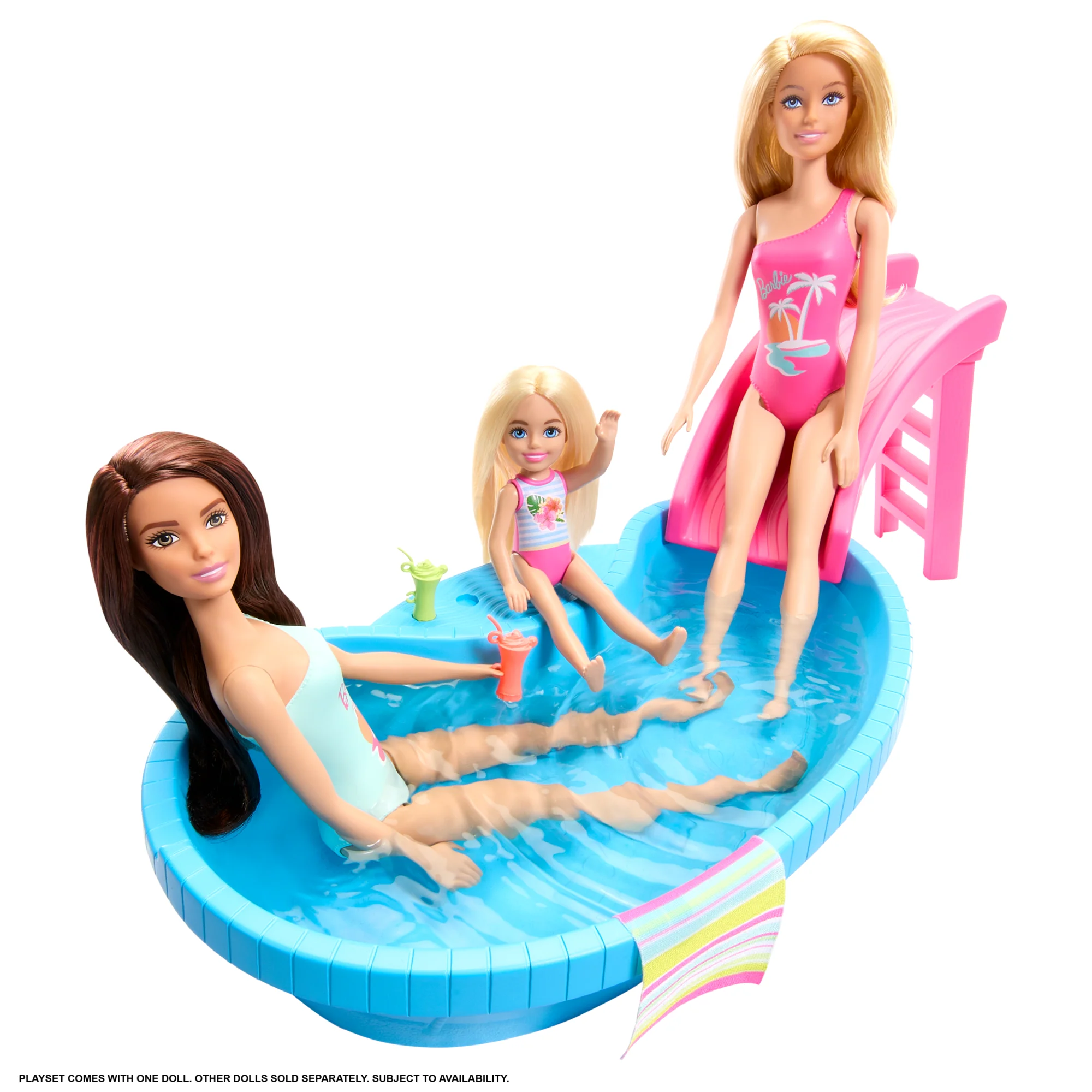 Barbie Coffret et Poupée, Brunette, Piscine, Serviette, Boissons - Image 4