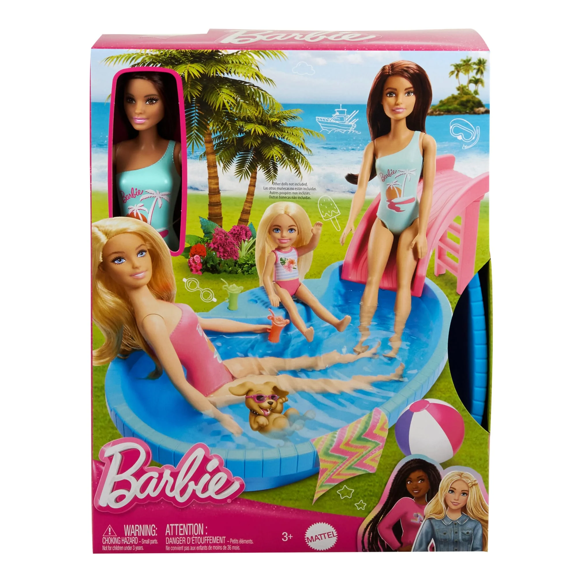 Barbie Coffret et Poupée, Brunette, Piscine, Serviette, Boissons - Image 5